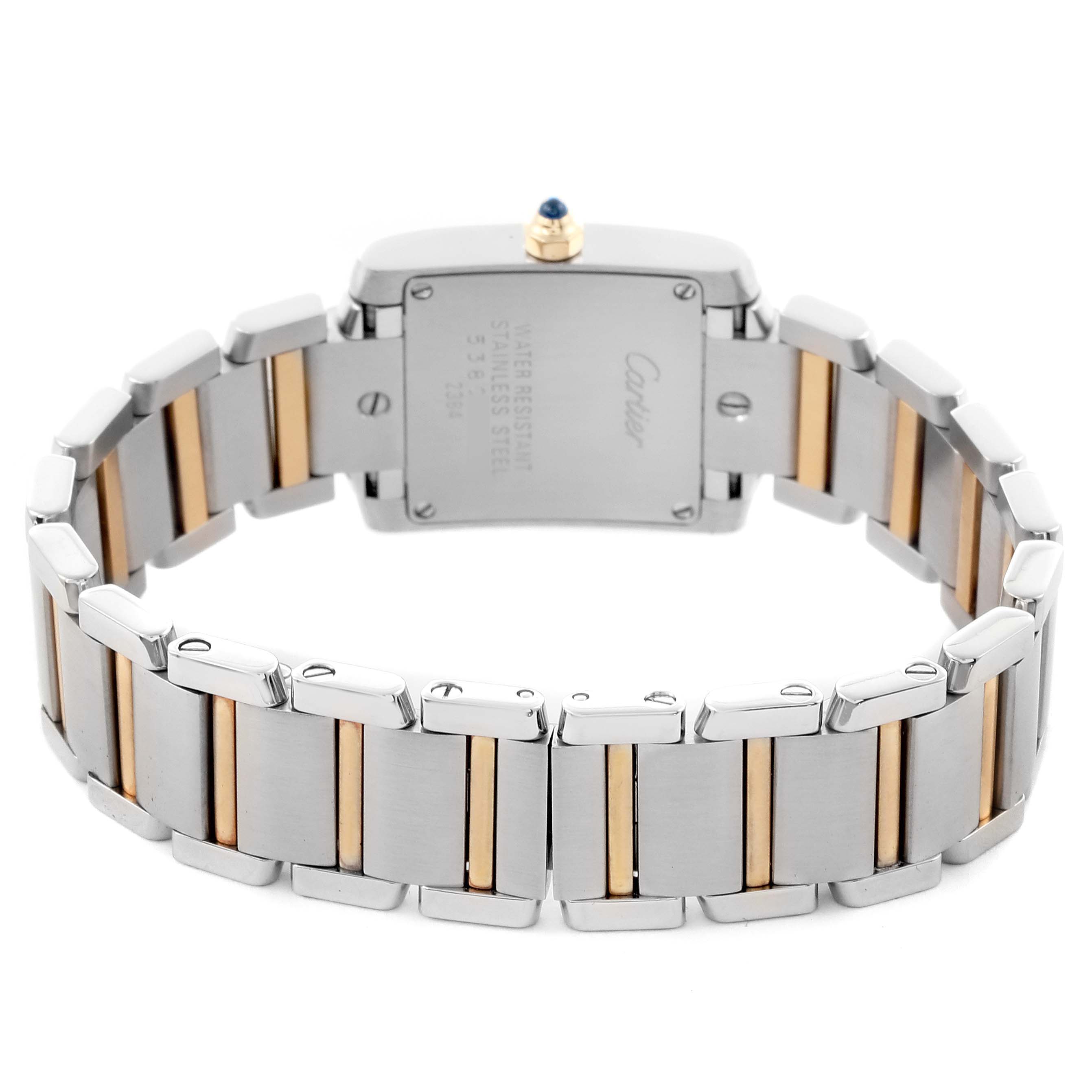 The angle shows the back and bracelet of the Cartier Tank Francaise W51007Q4 Women's Steel and Gold (two tone) Silver Dial W51007Q4 Women's Steel and Gold (two tone) Silver Dial watch, highlighting its stainless steel and gold links.