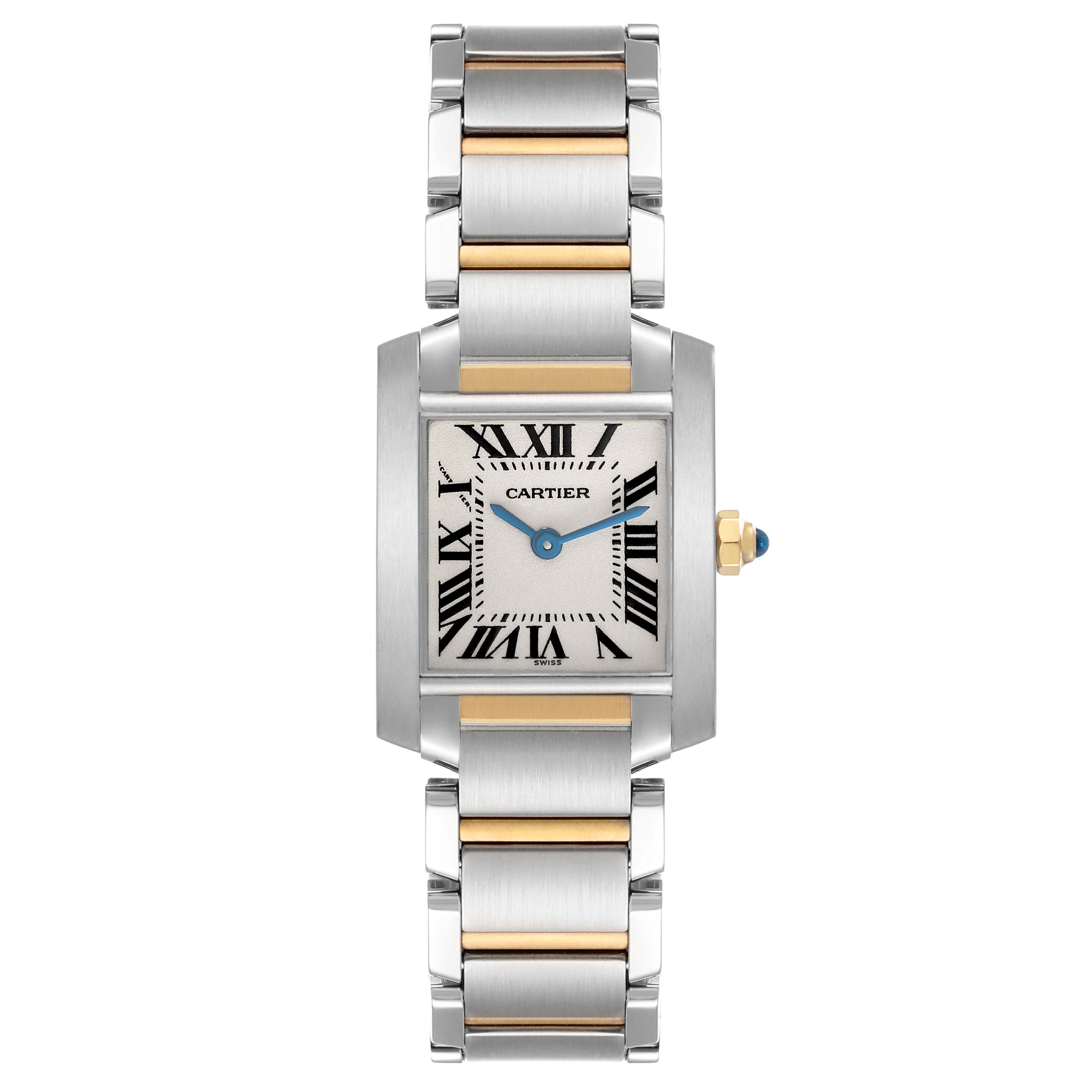 The Cartier Tank Francaise W51007Q4 Women's Steel and Gold (two tone) Silver Dial W51007Q4 Women's Steel and Gold (two tone) Silver Dial watch is shown from a top-down angle, featuring its face, dial, and two-toned bracelet.