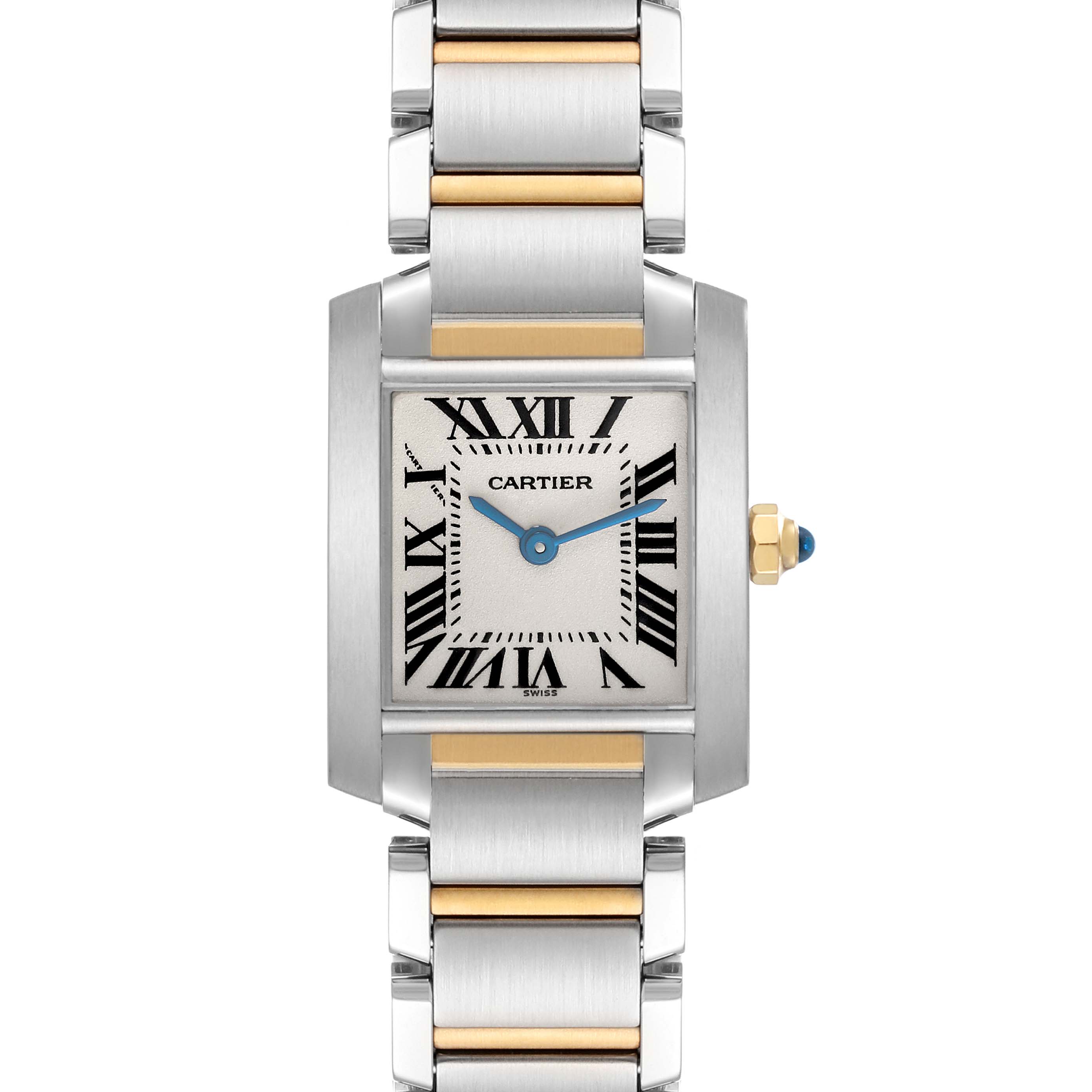 The Cartier Tank Francaise W51007Q4 Women's Steel and Gold (two tone) Silver Dial W51007Q4 Women's Steel and Gold (two tone) Silver Dial watch is shown from the front, displaying its face, bezel, and part of the strap.