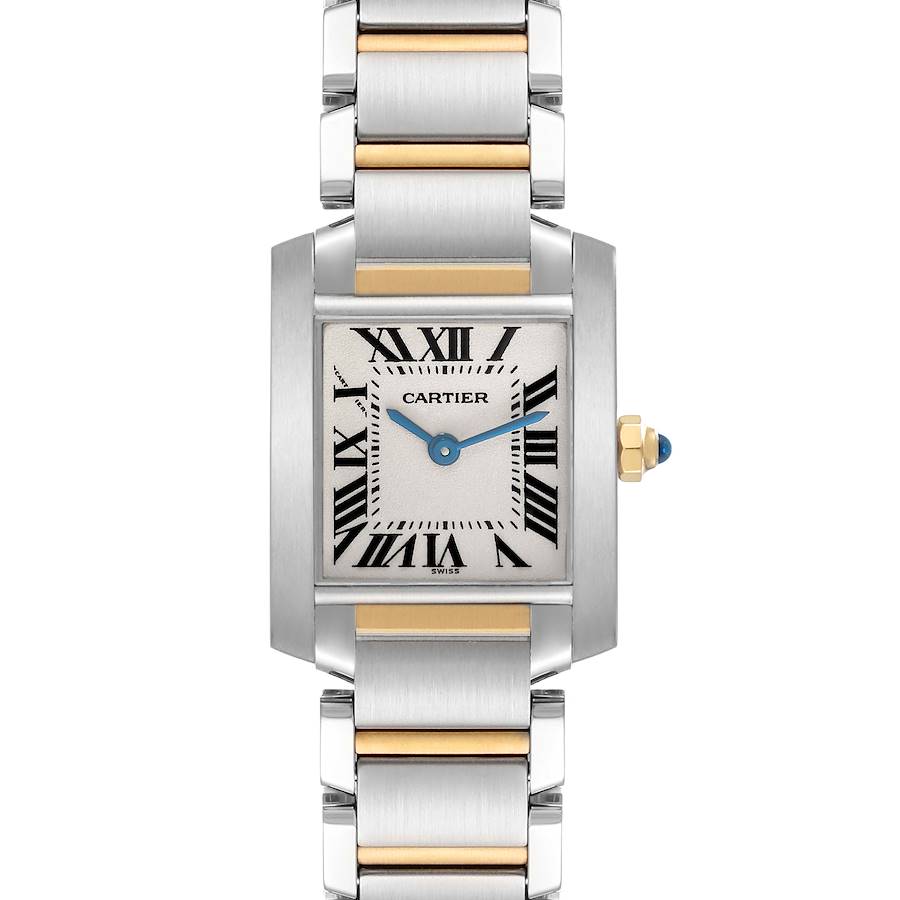 The Cartier Tank Francaise watch is shown from the front, displaying its face, bezel, and part of the strap.