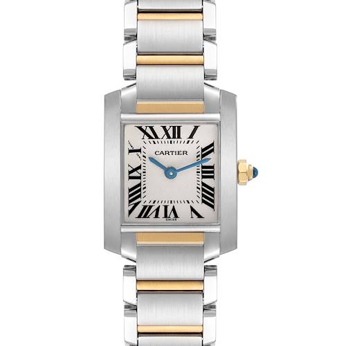 The Cartier Tank Francaise watch is shown from a front angle, displaying the face, hands, and part of the bracelet.