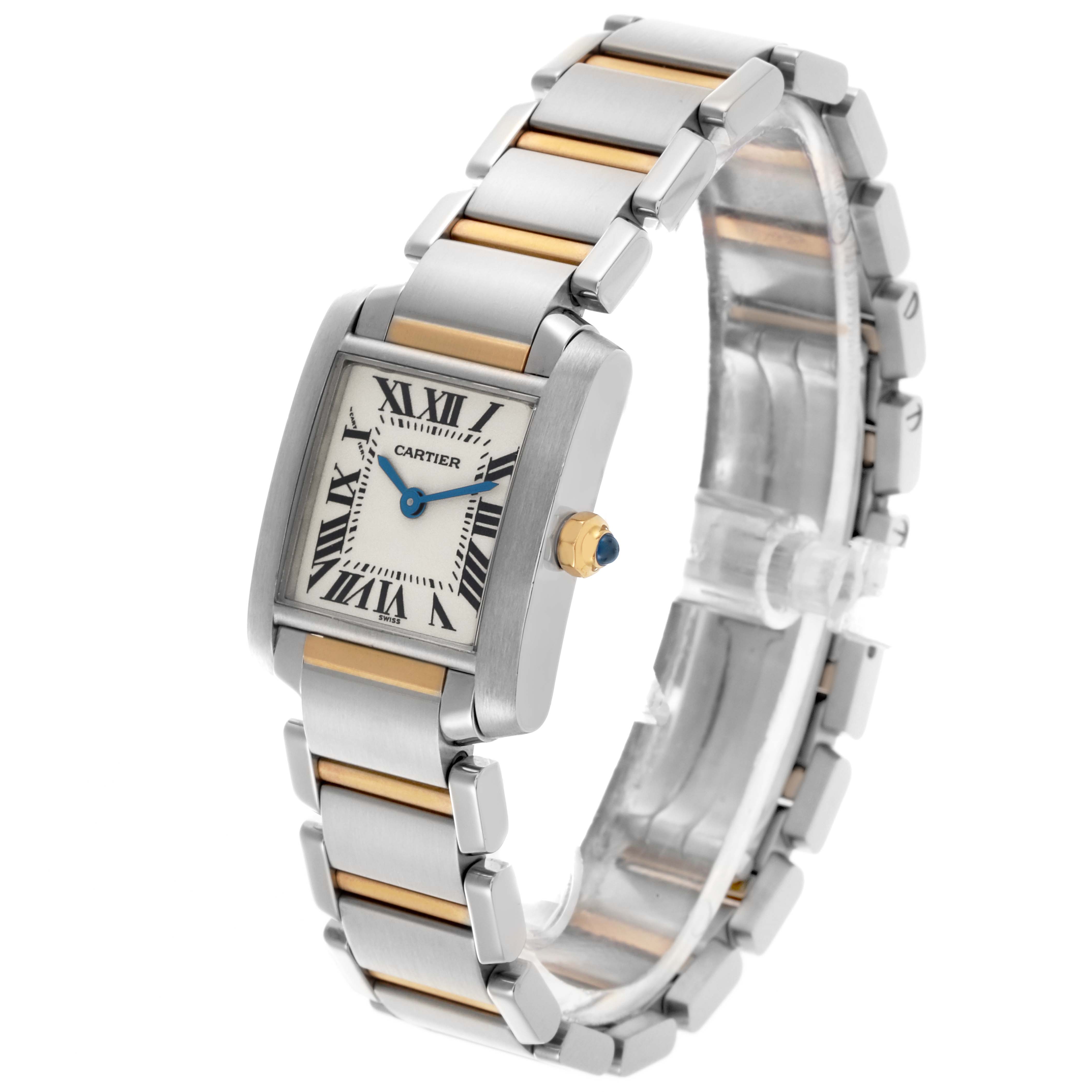 The Cartier Tank Francaise W51007Q4 Women's Steel and Gold (two tone) Silver Dial W51007Q4 Women's Steel and Gold (two tone) Silver Dial watch is shown at a three-quarter angle, highlighting its face, bezel, and two-tone bracelet.