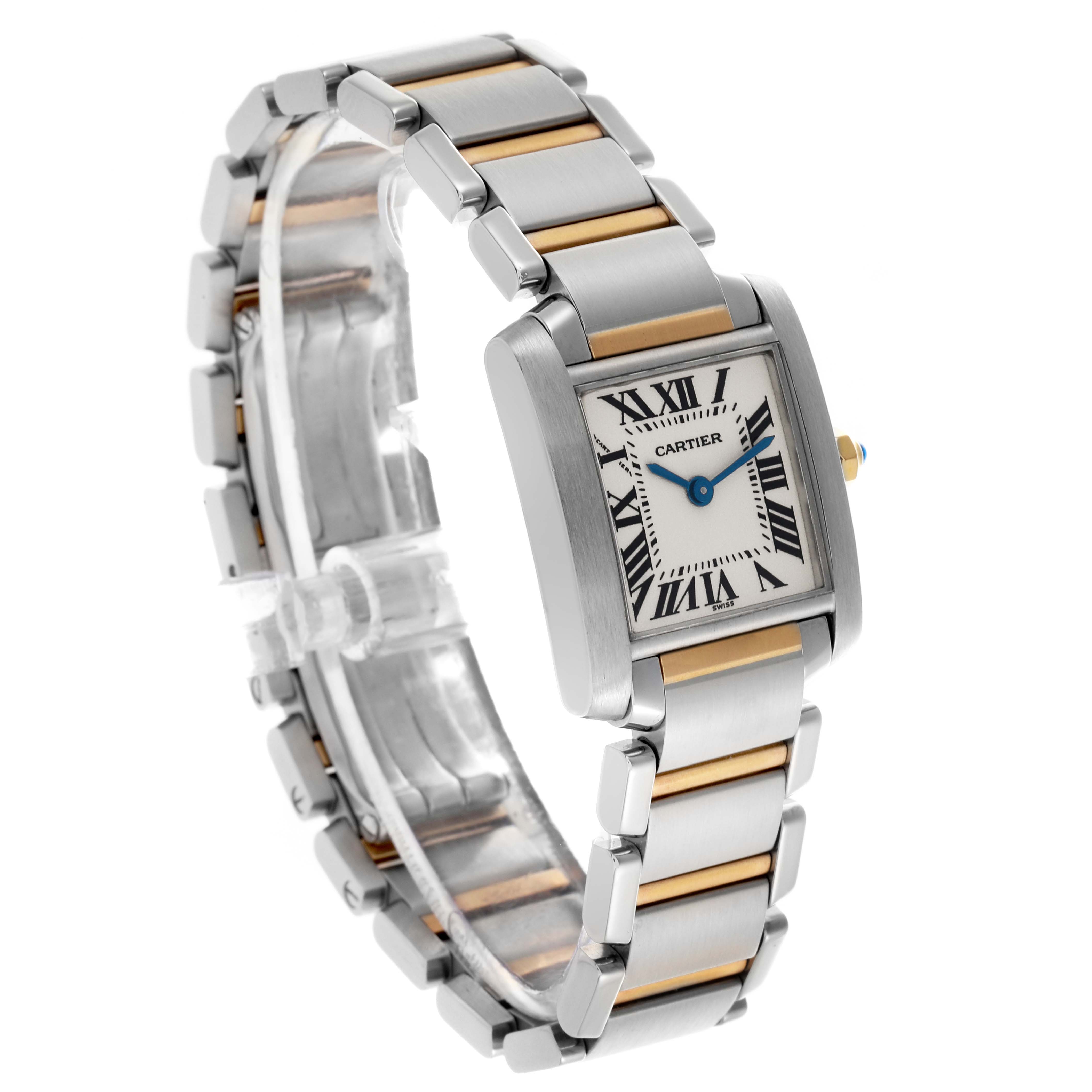 The Cartier Tank Francaise W51007Q4 Women's Steel and Gold (two tone) Silver Dial W51007Q4 Women's Steel and Gold (two tone) Silver Dial watch is shown at a three-quarter angle, highlighting its bracelet and rectangular face with Roman numerals.