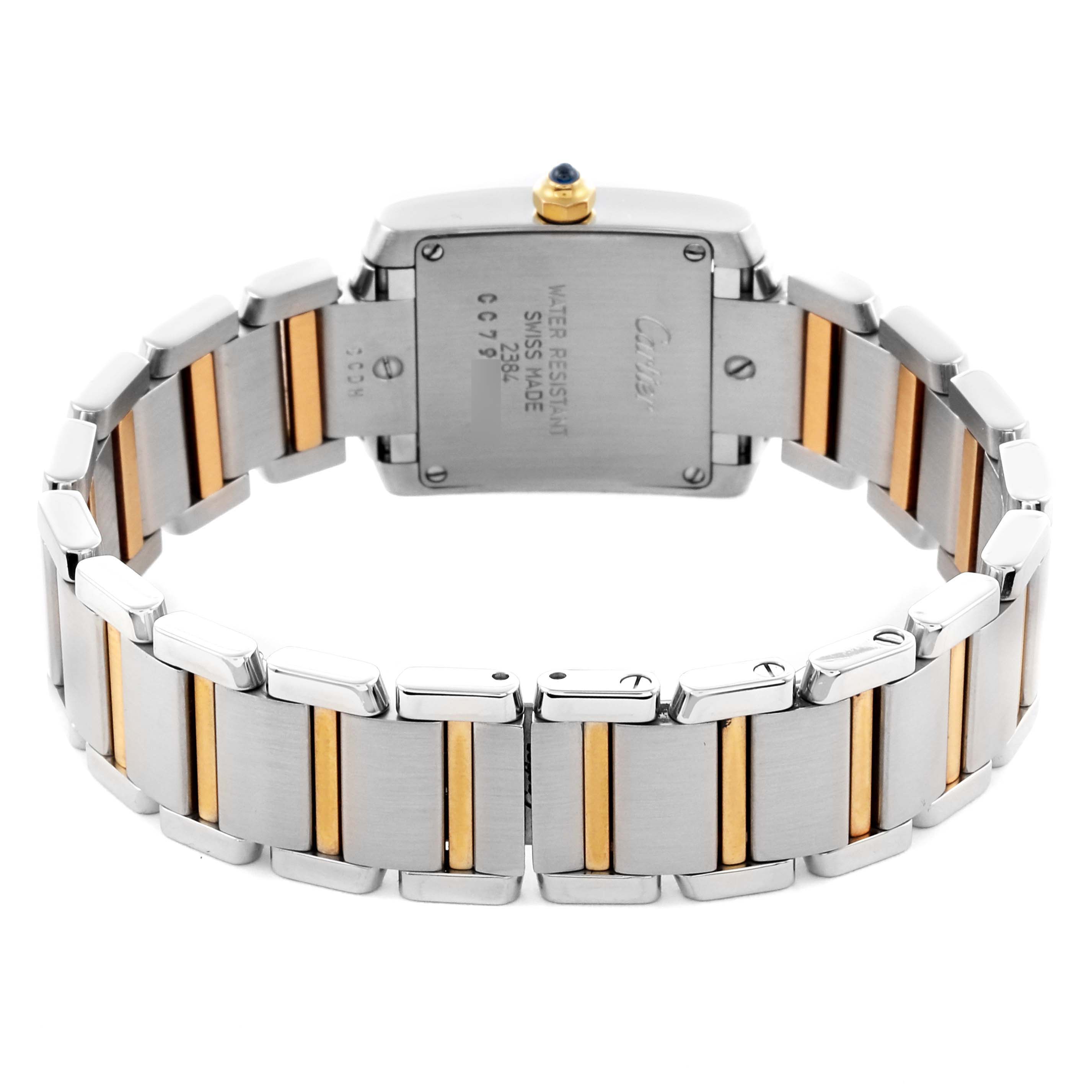 The image shows the back view of the Cartier Tank Francaise W51007Q4 Women's Steel and Gold (two tone) Silver Dial W51007Q4 Women's Steel and Gold (two tone) Silver Dial watch, focusing on the stainless steel and gold bracelet and case back.