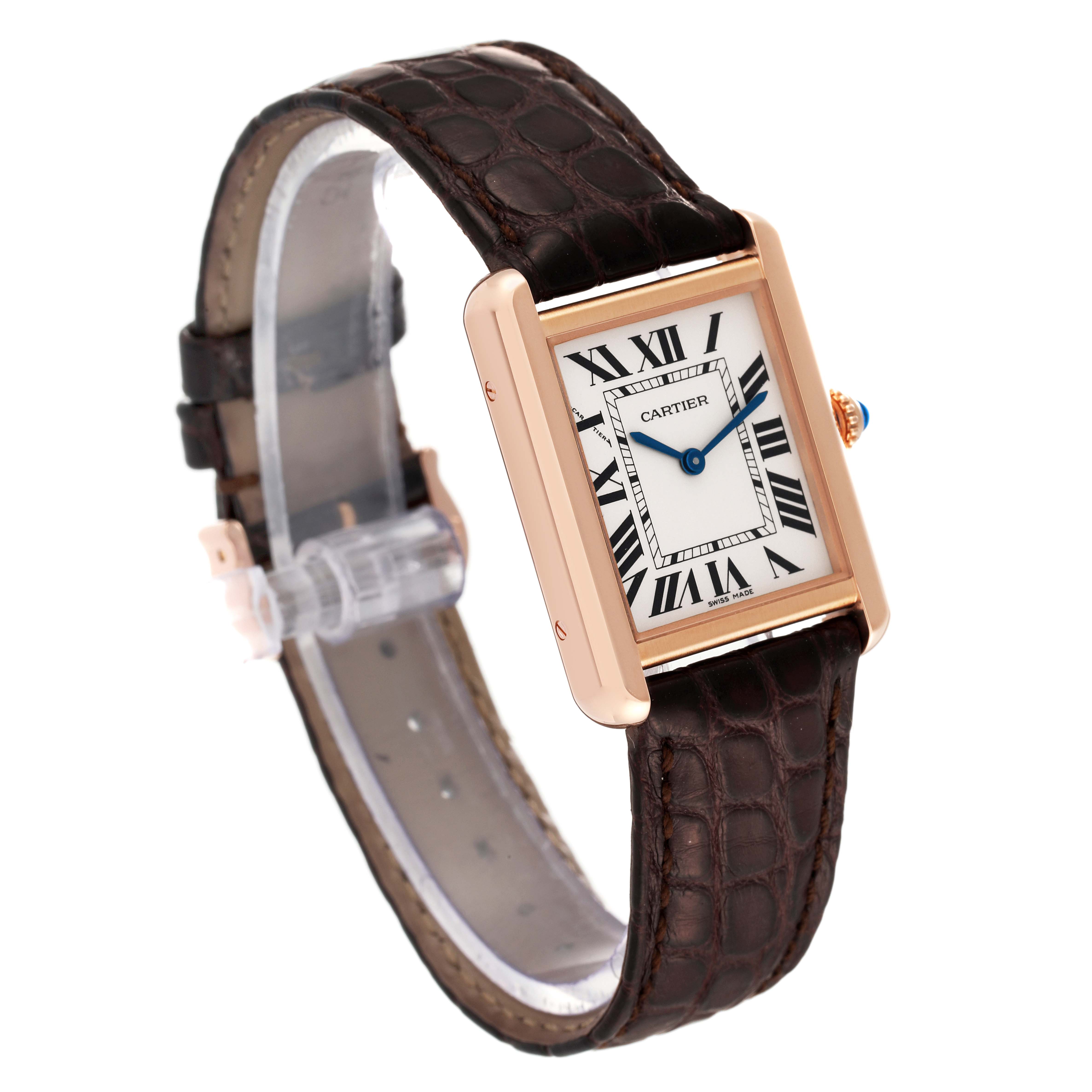 The image shows a front-left angled view of the Cartier Tank Solo W5200024 Women's Rose Gold Silver Dial W5200024 Women's Rose Gold Silver Dial watch, displaying the face, crown, and leather strap.