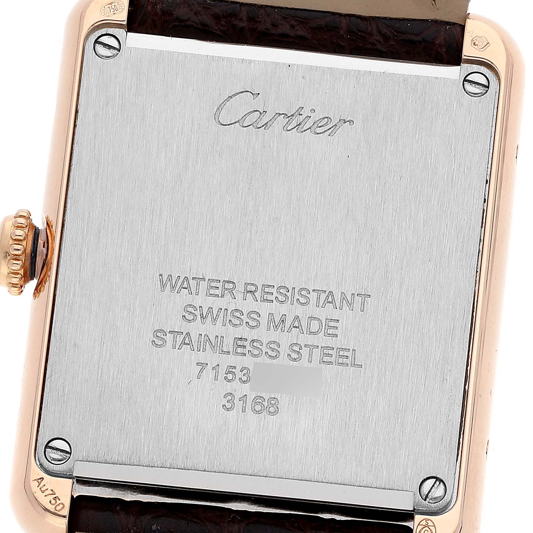 The image shows the back case of a Cartier Tank Solo W5200024 Women's Rose Gold Silver Dial W5200024 Women's Rose Gold Silver Dial watch, displaying its branding and specifications.