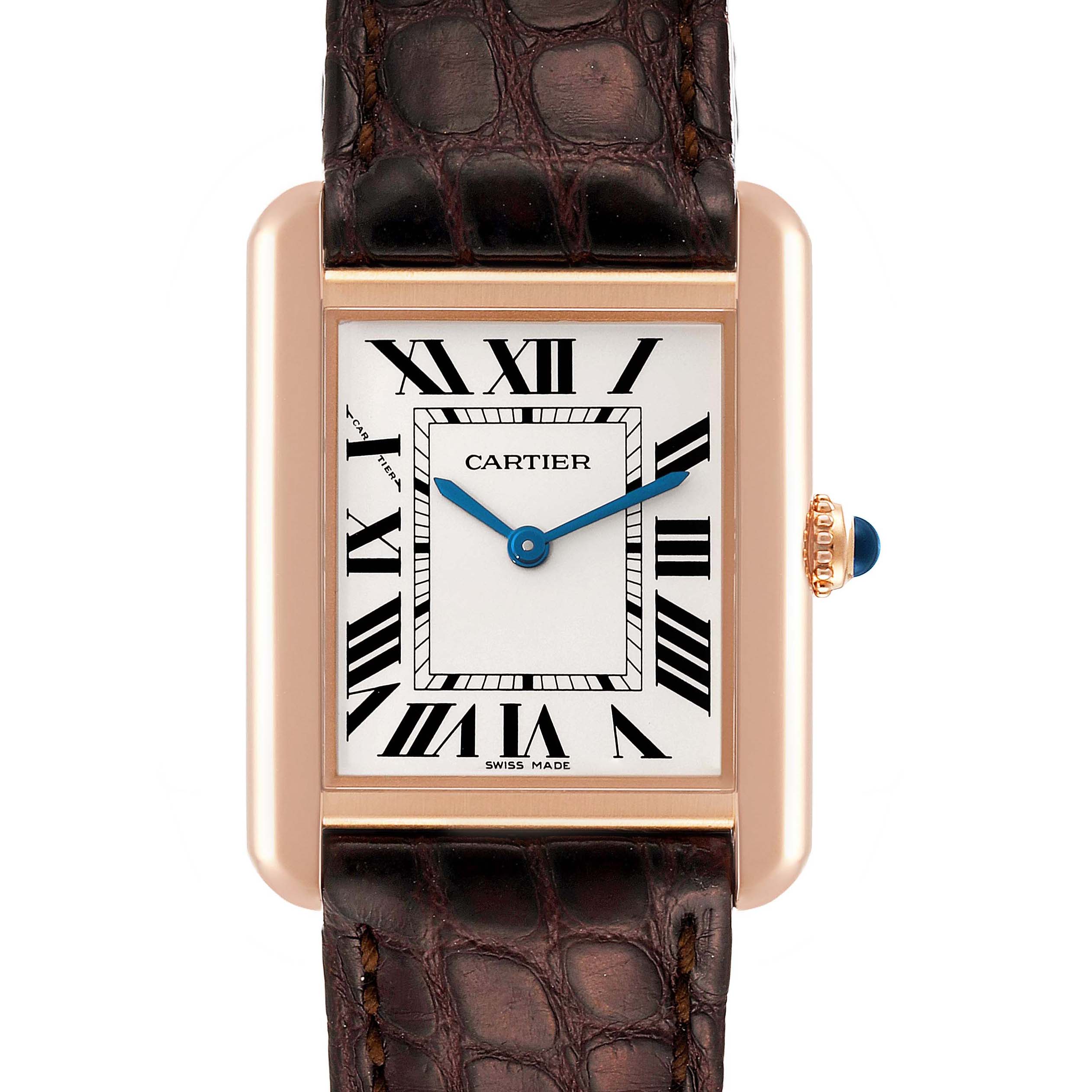 The image shows a front view of the Cartier Tank Solo W5200024 Women's Rose Gold Silver Dial W5200024 Women's Rose Gold Silver Dial watch, highlighting its face, Roman numerals, and leather strap.
