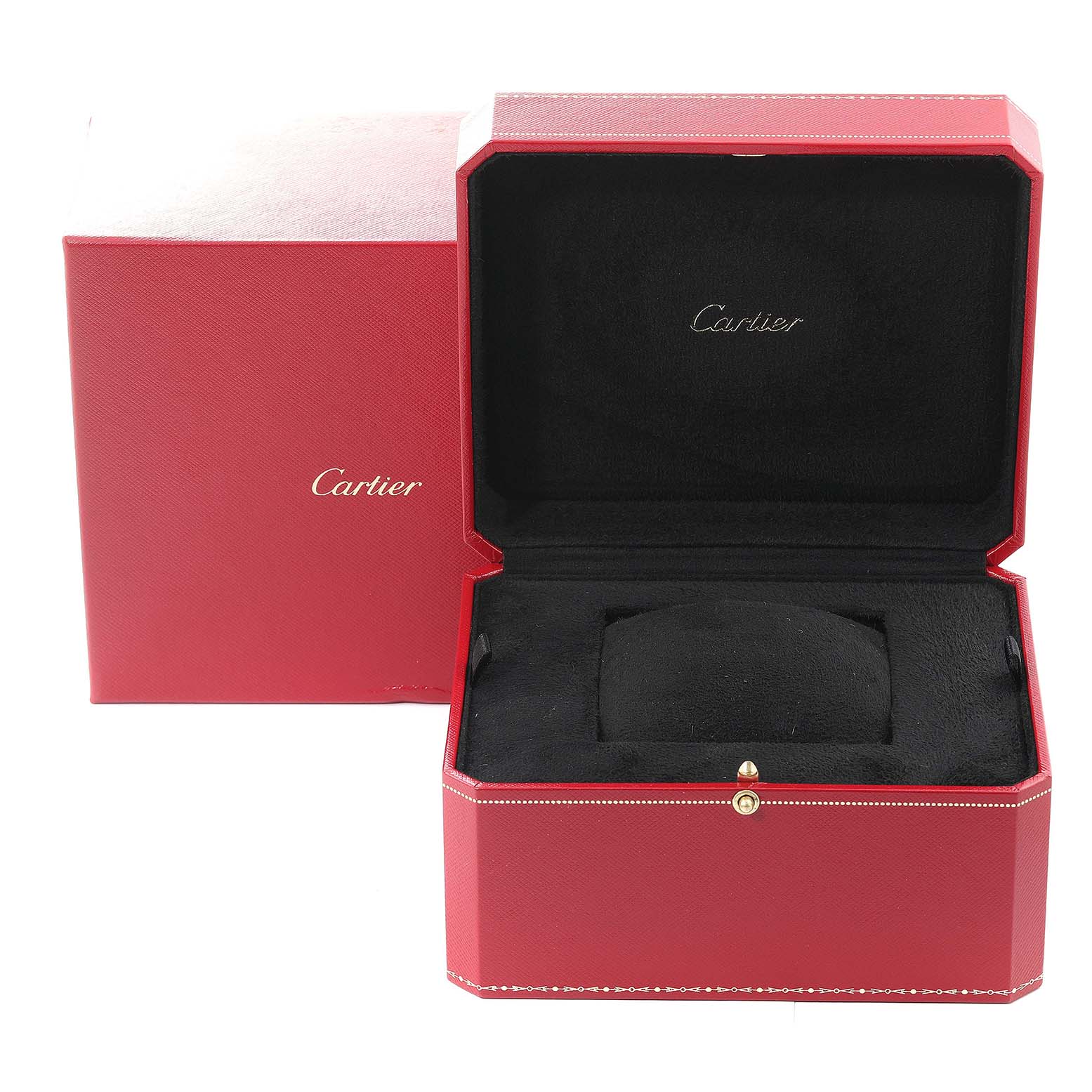 The image shows an open red Cartier box for the Tank Solo model watch, displaying its interior cushion for holding the watch.