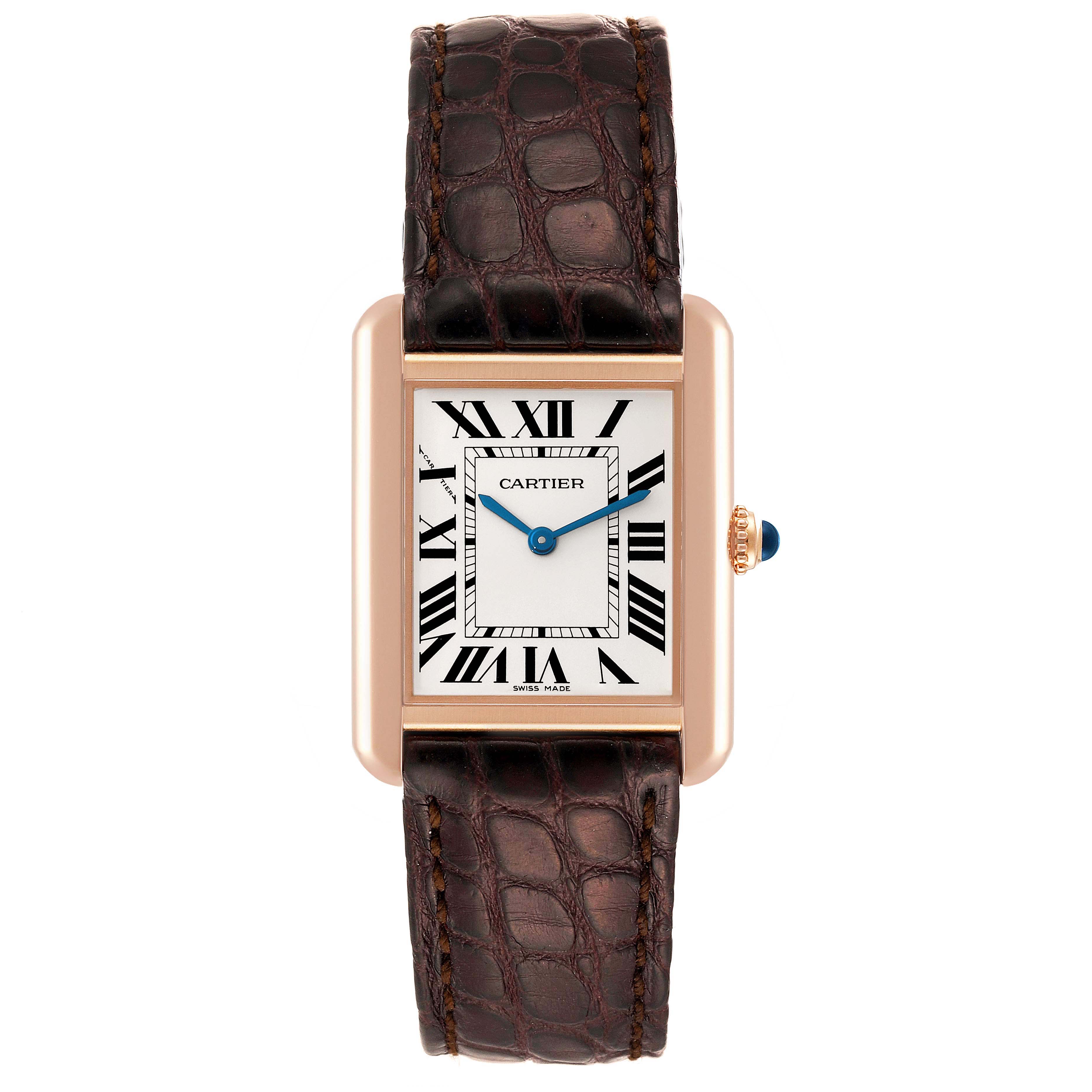 The image shows a front view of the Cartier Tank Solo W5200024 Women's Rose Gold Silver Dial W5200024 Women's Rose Gold Silver Dial watch with a brown leather strap and roman numeral dial.