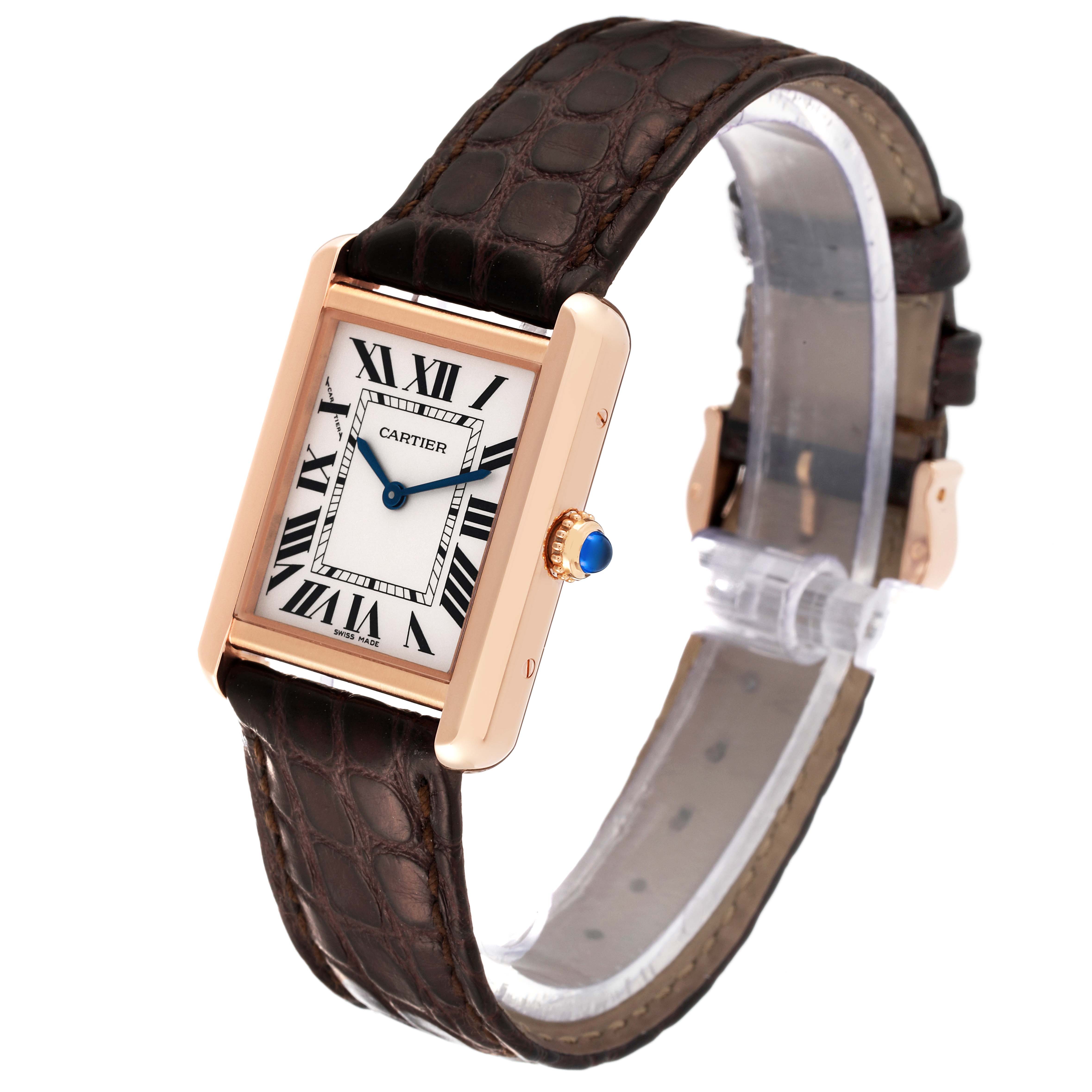 The Cartier Tank Solo W5200024 Women's Rose Gold Silver Dial W5200024 Women's Rose Gold Silver Dial watch is shown at an angled view, highlighting its rectangular face, Roman numerals, and brown leather strap.