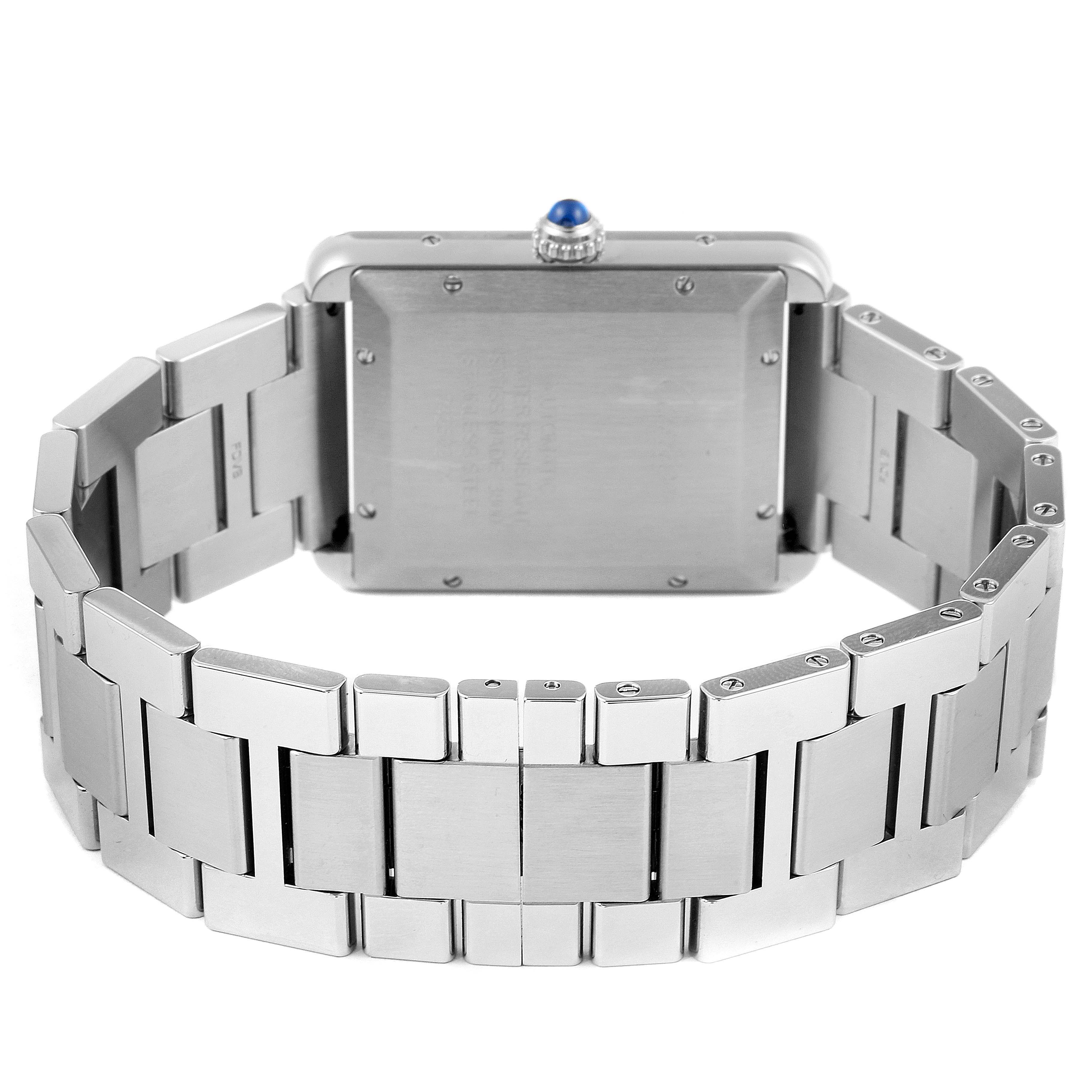 The image shows the back view of the Cartier Tank Solo W5200028 Men's Stainless Steel Silver Dial W5200028 Men's Stainless Steel Silver Dial watch, focusing on the caseback and stainless steel bracelet.