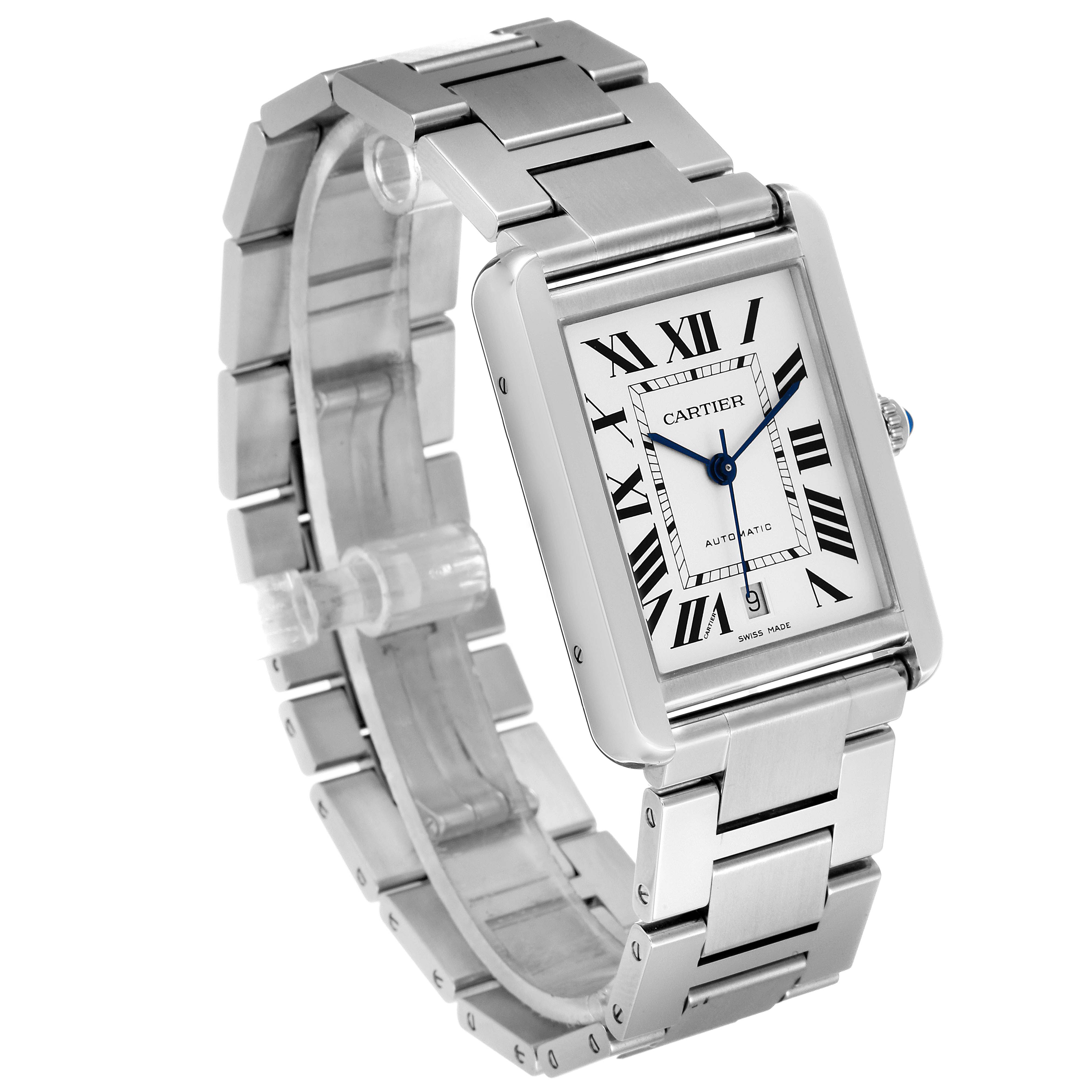 The image shows the Cartier Tank Solo W5200028 Men's Stainless Steel Silver Dial W5200028 Men's Stainless Steel Silver Dial watch from a front diagonal angle, highlighting the face and stainless steel bracelet.