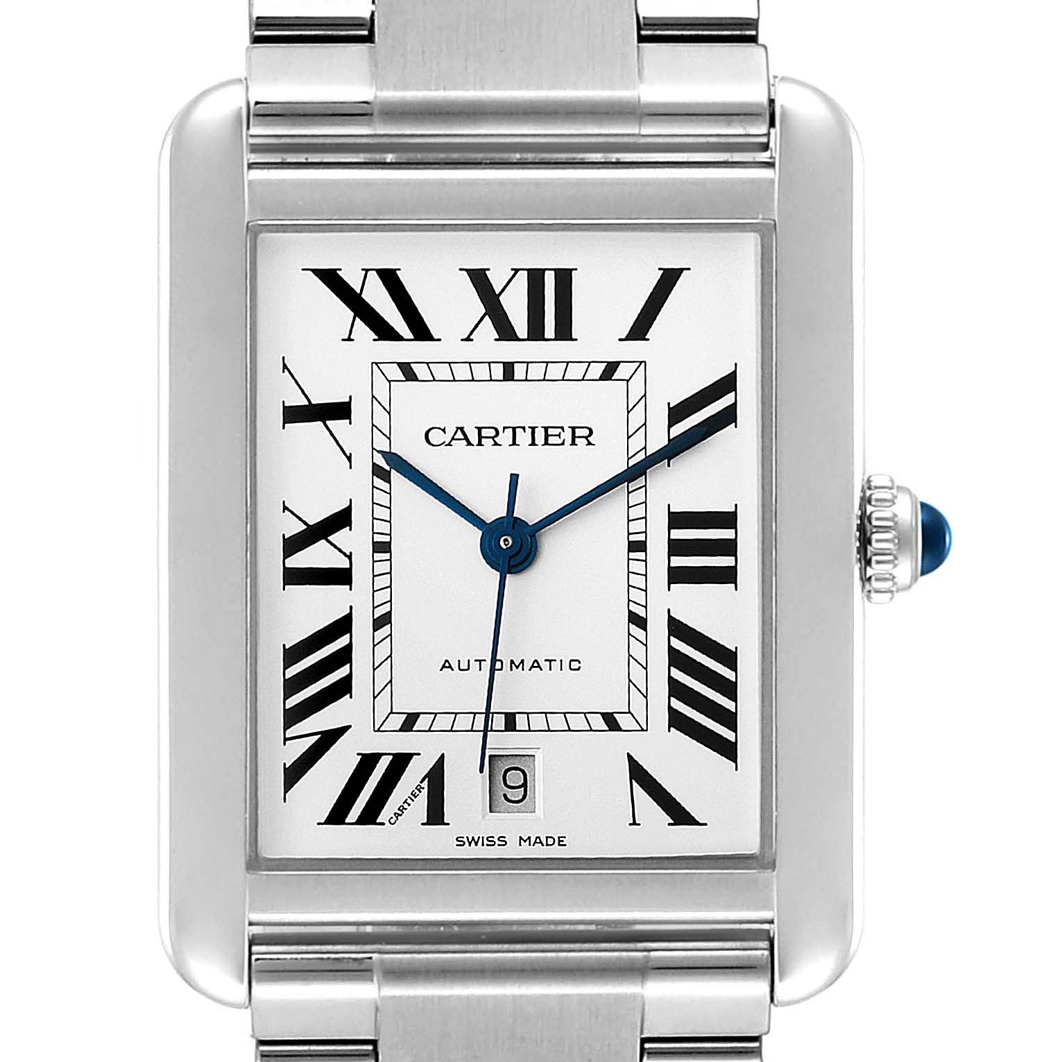 This image shows the front face of a Cartier Tank Solo W5200028 Men's Stainless Steel Silver Dial W5200028 Men's Stainless Steel Silver Dial watch, highlighting the dial, Roman numerals, and a metal bracelet.