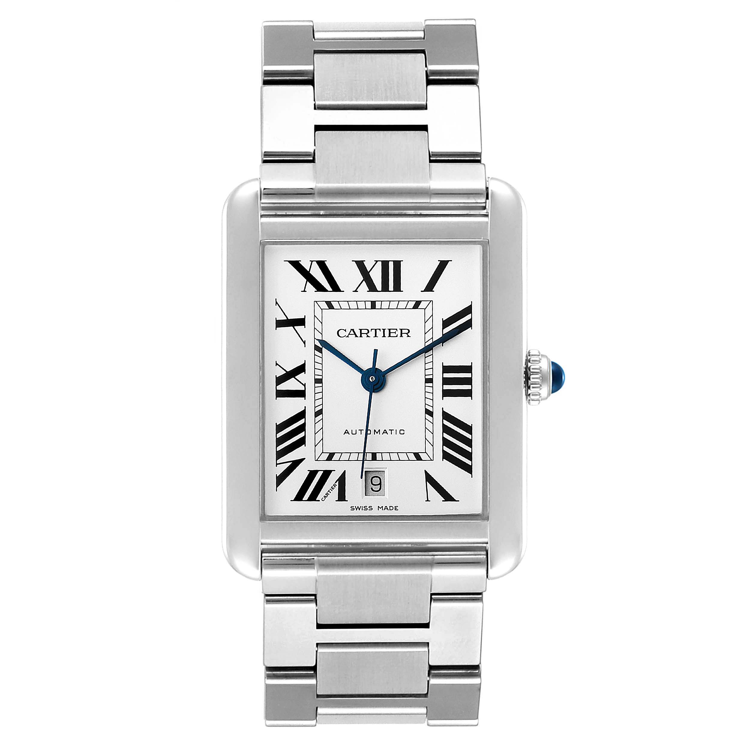 This image shows a Cartier Tank Solo W5200028 Men's Stainless Steel Silver Dial W5200028 Men's Stainless Steel Silver Dial watch from a front angle, highlighting the face, bracelet, and crown.