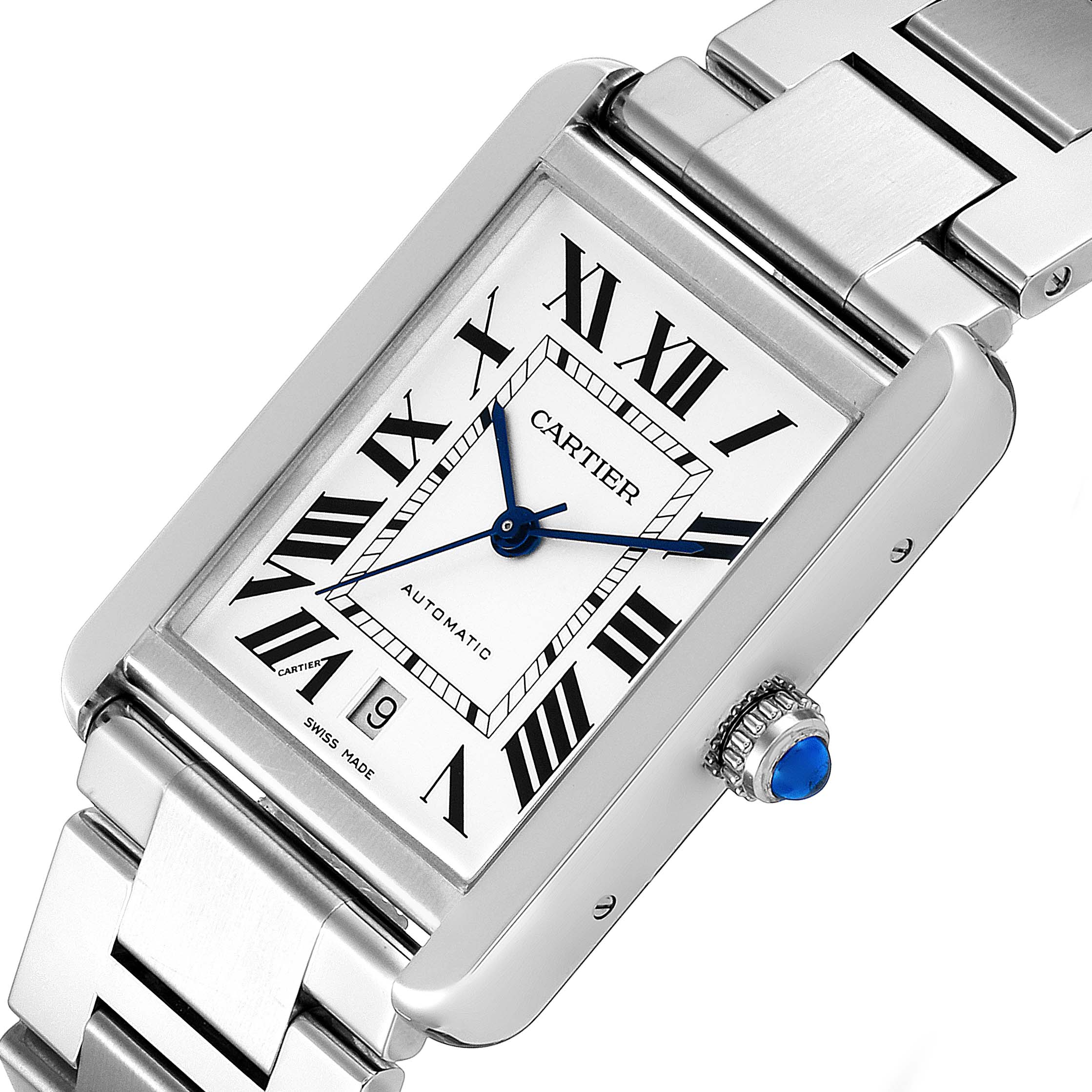 The image shows a close-up angle of the Cartier Tank Solo W5200028 Men's Stainless Steel Silver Dial W5200028 Men's Stainless Steel Silver Dial watch, highlighting its face, Roman numerals, hands, and bezel.