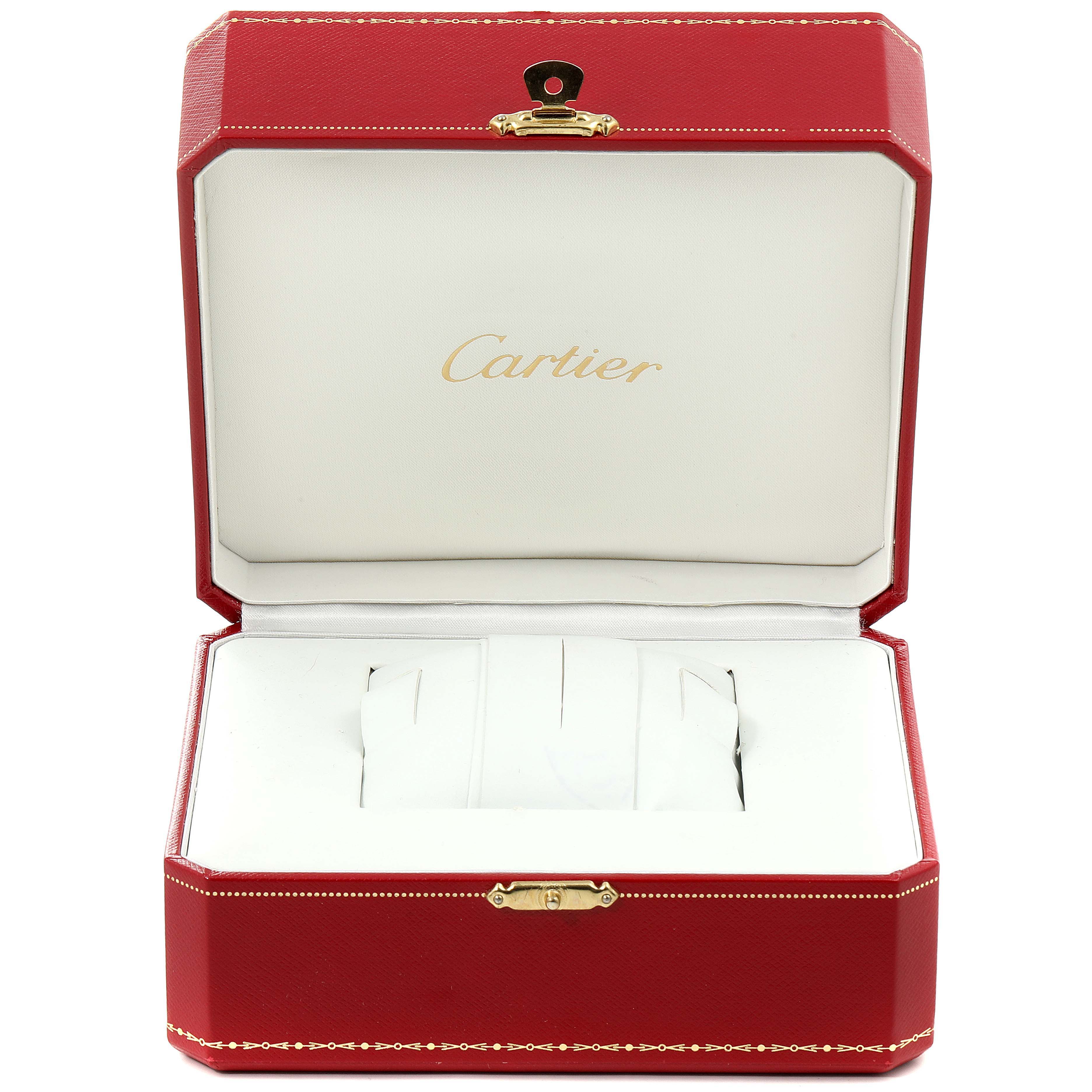 This image shows an open Cartier watch box for the Tank Solo model, showcasing soft interior compartments for the watch.