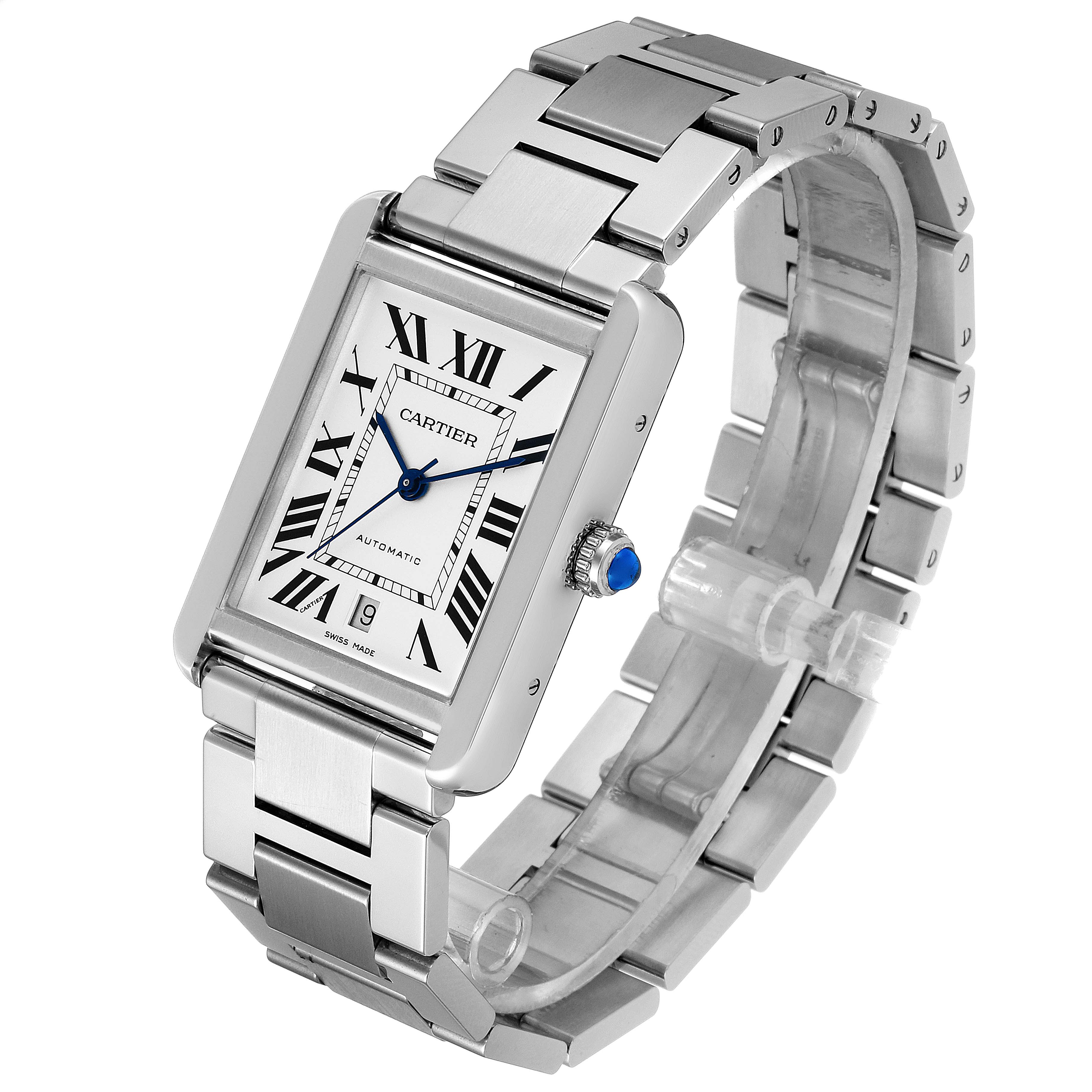 The image shows a Cartier Tank Solo W5200028 Men's Stainless Steel Silver Dial W5200028 Men's Stainless Steel Silver Dial watch at a three-quarter angle, displaying its face, crown, and bracelet.