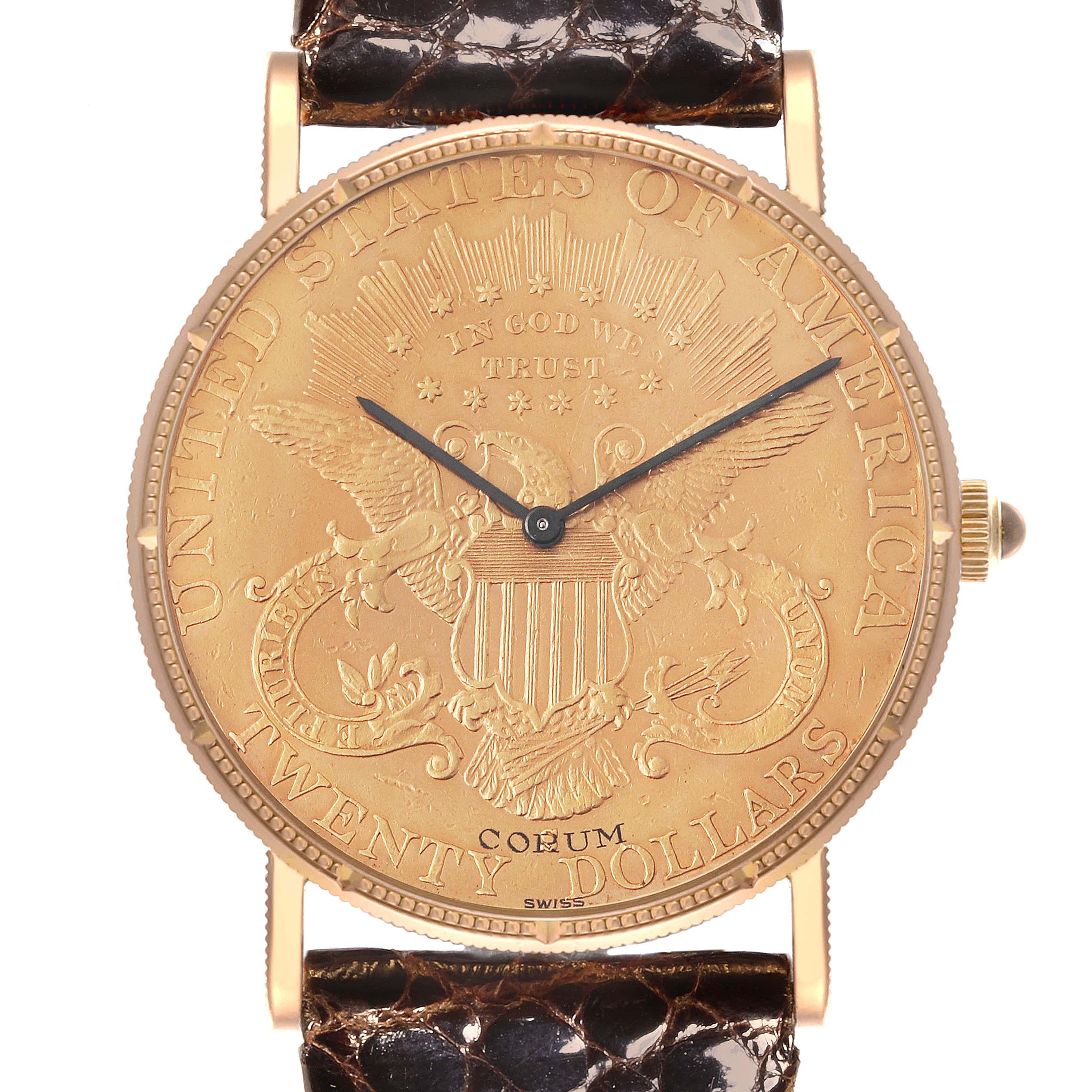 The image shows a Corum Coin Watch 4414556 Men's Yellow Gold Champagne Dial 4414556 Men's Yellow Gold Champagne Dial from the front, highlighting the detailed coin face and lizard-patterned strap.