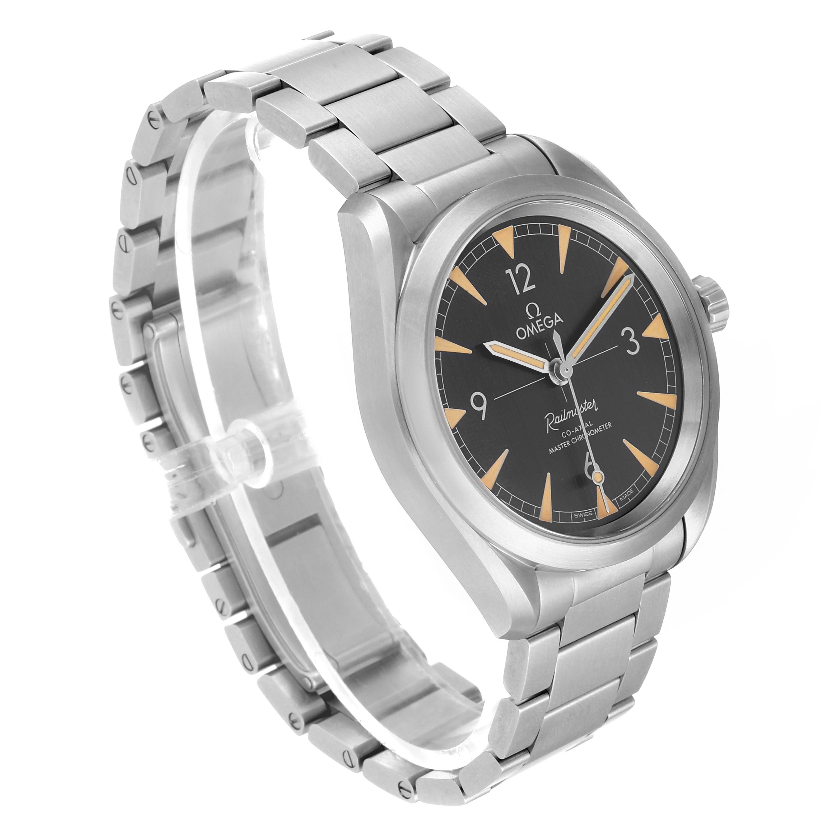 The Omega Aqua Terra 220.10.40.20.01.001 Men's Stainless Steel Black Dial 220.10.40.20.01.001 Men's Stainless Steel Black Dial watch is shown at an angle displaying the front face, case, and part of the bracelet.