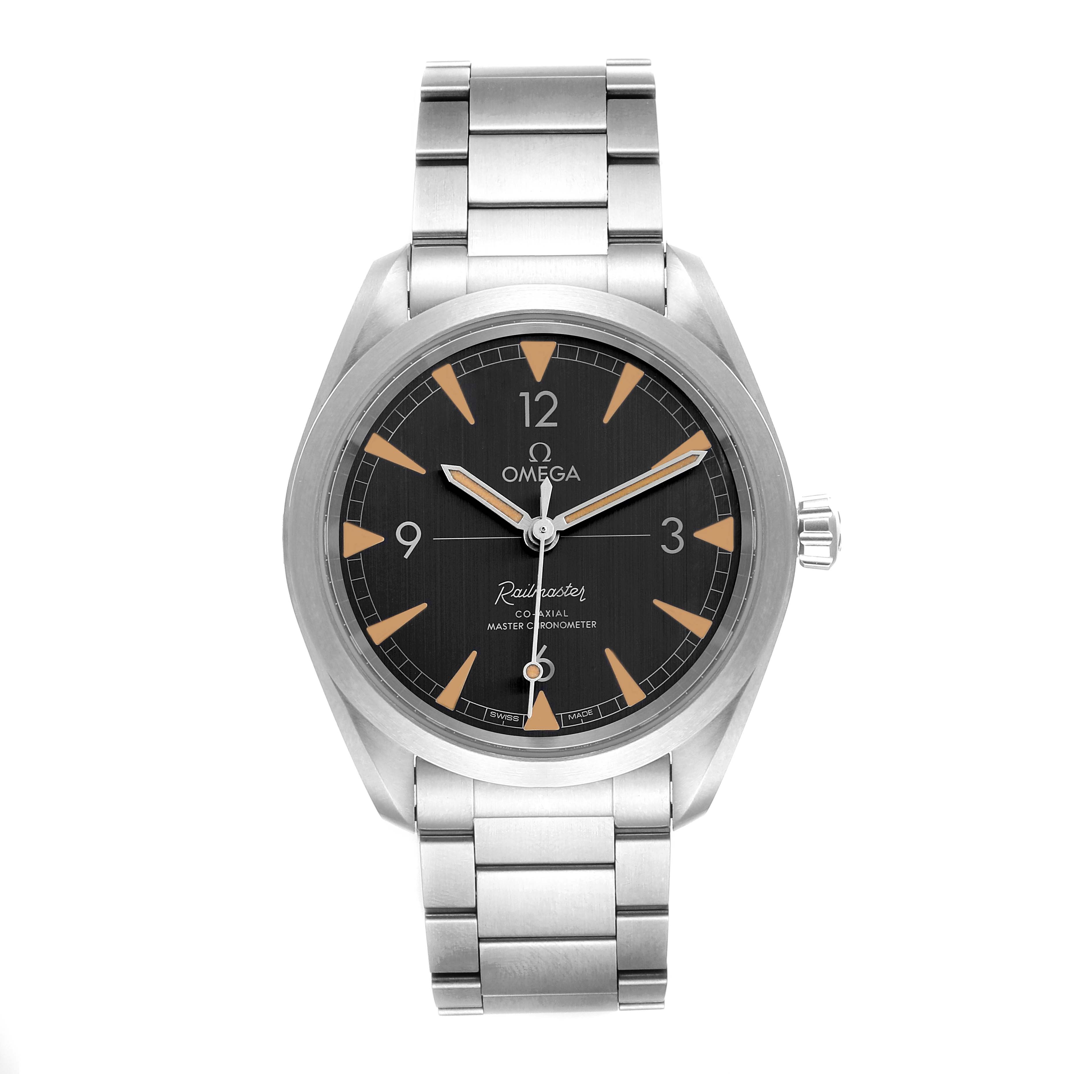 This image shows a front-facing view of the Omega Aqua Terra 220.10.40.20.01.001 Men's Stainless Steel Black Dial 220.10.40.20.01.001 Men's Stainless Steel Black Dial watch featuring its dial, hands, and metal bracelet.