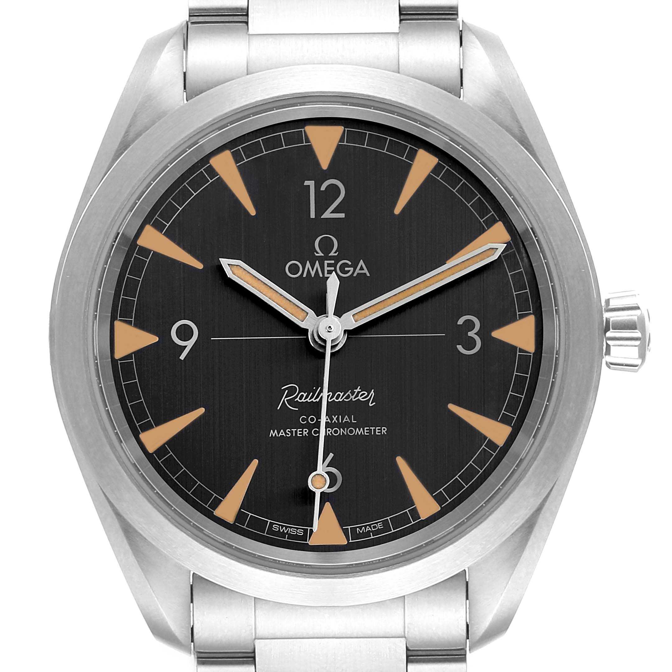 This image shows a front view of the Omega Aqua Terra 220.10.40.20.01.001 Men's Stainless Steel Black Dial 220.10.40.20.01.001 Men's Stainless Steel Black Dial Railmaster watch, highlighting its face, hands, and part of the bracelet.