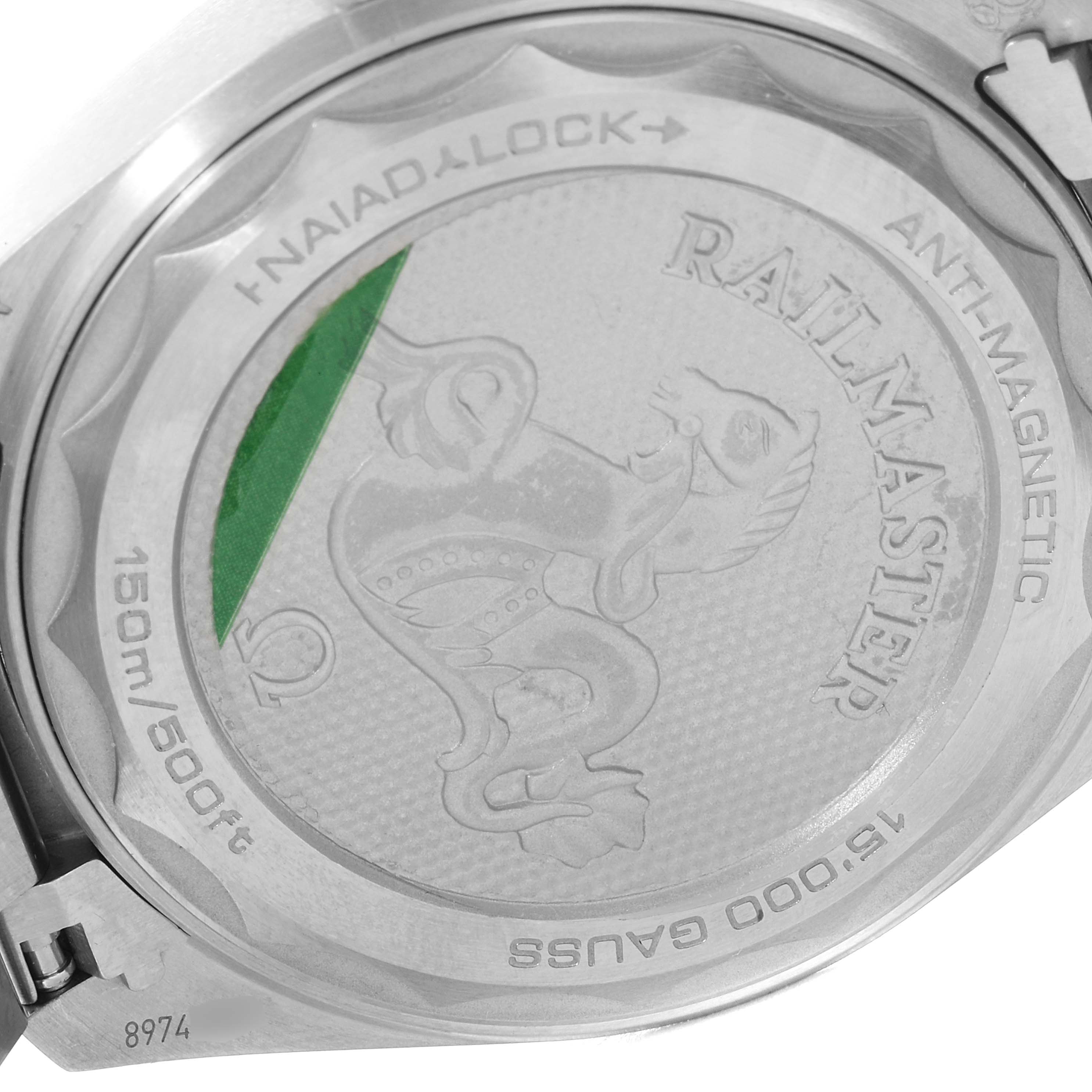 This image shows the back case of the Omega Aqua Terra 220.10.40.20.01.001 Men's Stainless Steel Black Dial 220.10.40.20.01.001 Men's Stainless Steel Black Dial Railmaster watch.