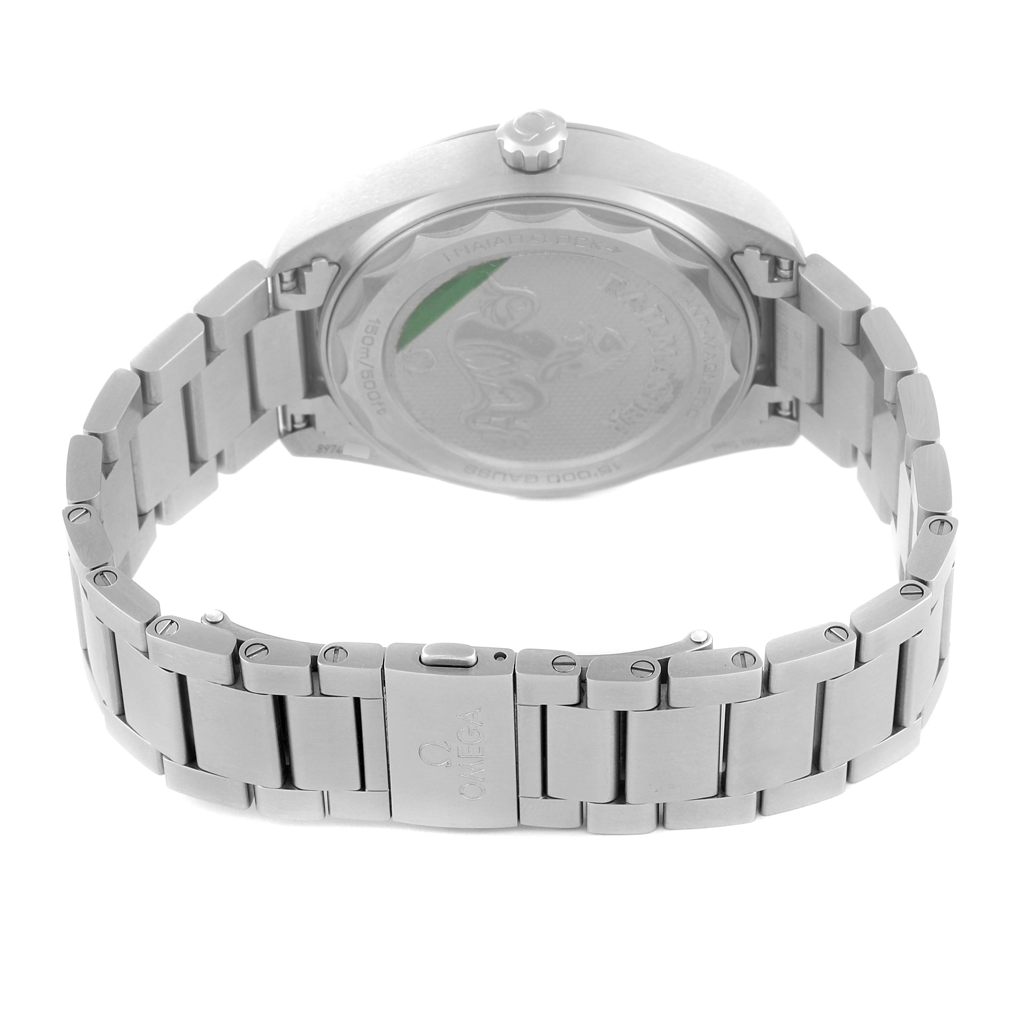 The image shows the back view of the Omega Aqua Terra 220.10.40.20.01.001 Men's Stainless Steel Black Dial 220.10.40.20.01.001 Men's Stainless Steel Black Dial watch, highlighting the clasp and bracelet.