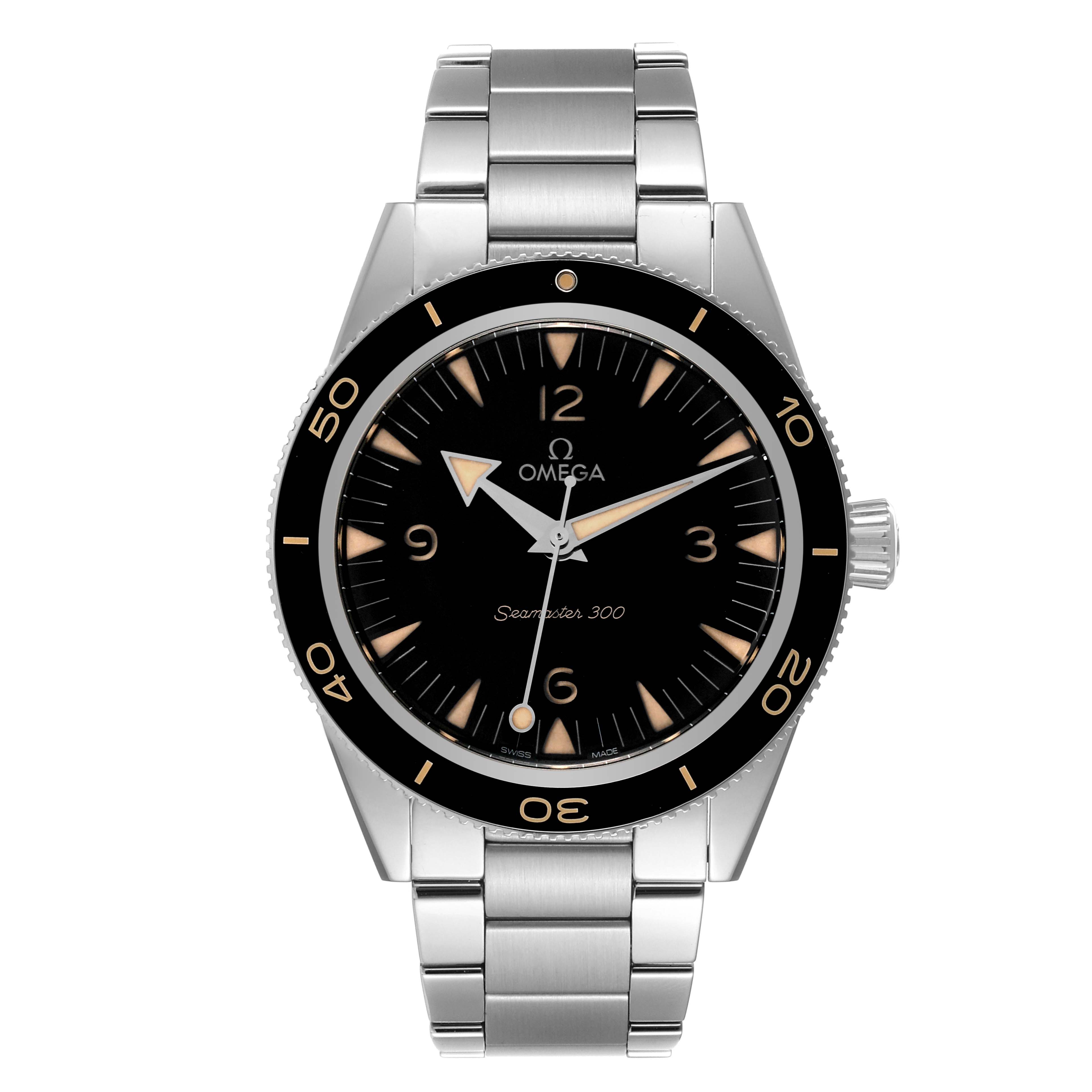 The Omega Seamaster 234.30.41.21.01.001 Men
s Stainless Steel Black Dial 234.30.41.21.01.001 Men
s Stainless Steel Black Dial 300 watch is shown from a front angle, highlighting its face, bezel, dial, and bracelet.