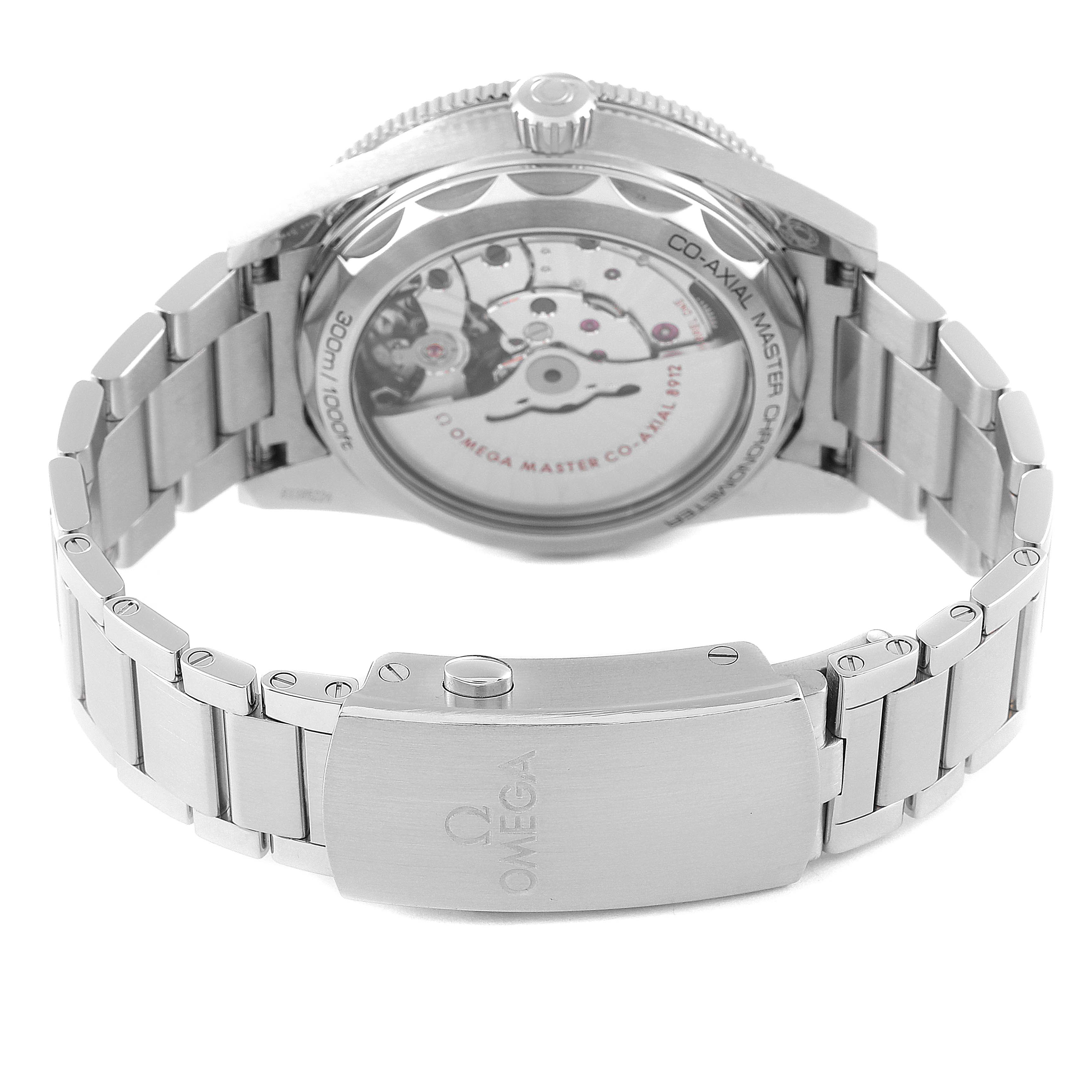 The image shows the back view of an Omega Seamaster 234.30.41.21.01.001 Men
s Stainless Steel Black Dial 234.30.41.21.01.001 Men
s Stainless Steel Black Dial watch, highlighting its transparent case back and stainless steel bracelet.