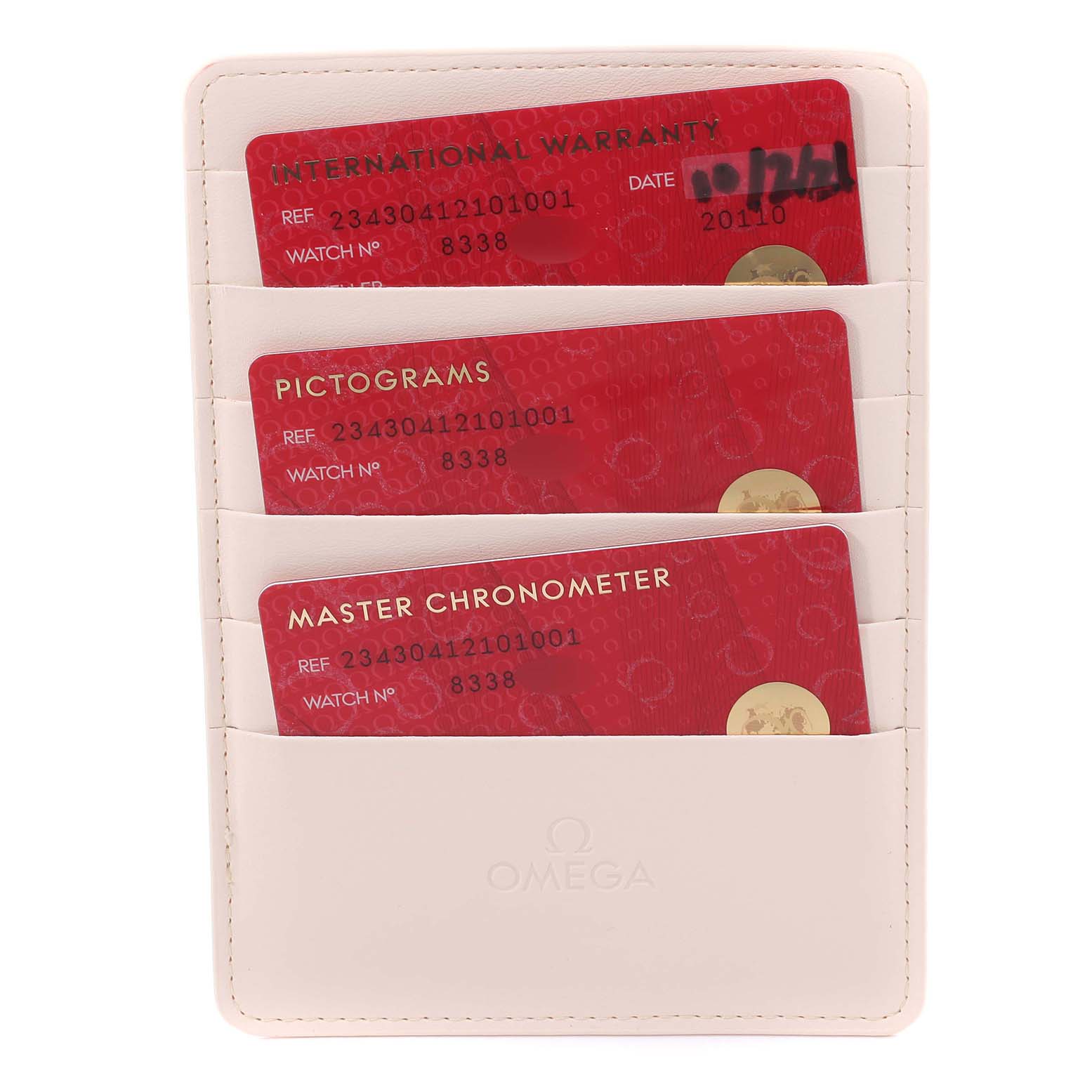 The image shows Omega Seamaster 234.30.41.21.01.001 Men
s Stainless Steel Black Dial 234.30.41.21.01.001 Men
s Stainless Steel Black Dial watch accessories, including international warranty, pictograms, and Master Chronometer cards in a holder.