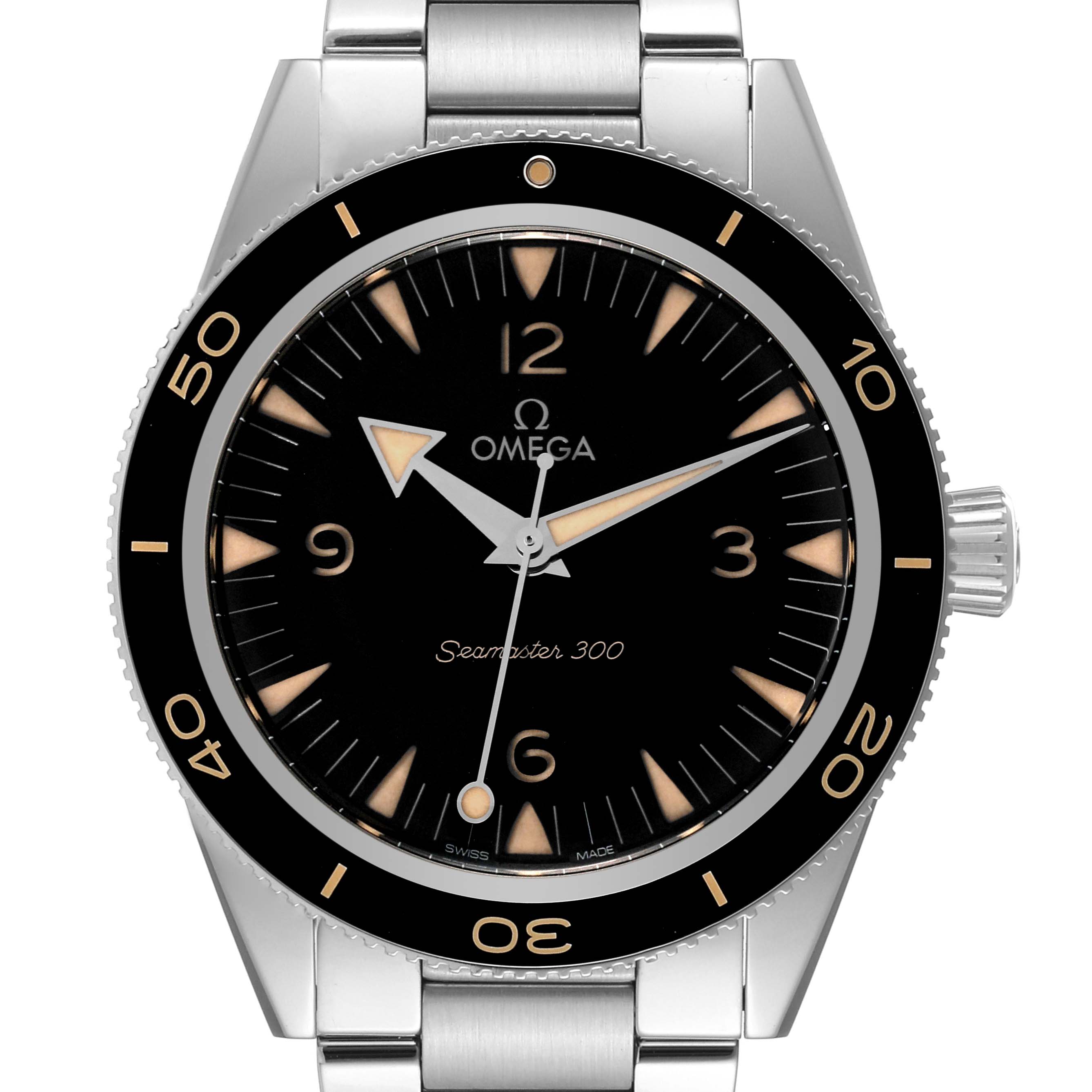 This image shows a front view of the Omega Seamaster 234.30.41.21.01.001 Men
s Stainless Steel Black Dial 234.30.41.21.01.001 Men
s Stainless Steel Black Dial 300 watch, highlighting the dial, hands, bezel, and part of the bracelet.