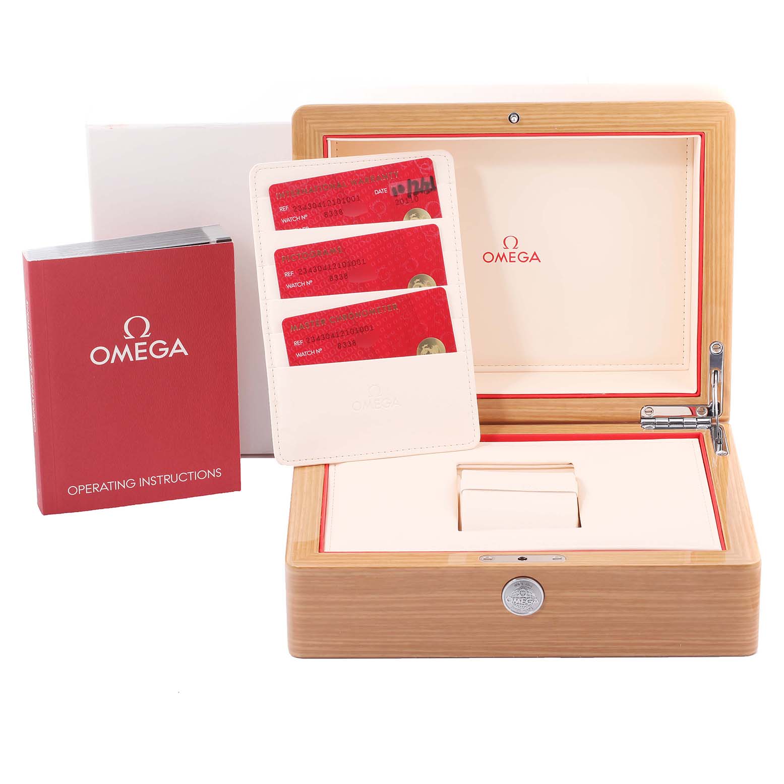 The image shows an Omega Seamaster 234.30.41.21.01.001 Men
s Stainless Steel Black Dial 234.30.41.21.01.001 Men
s Stainless Steel Black Dial watch box, operating instructions, and cardholder with warranty cards.