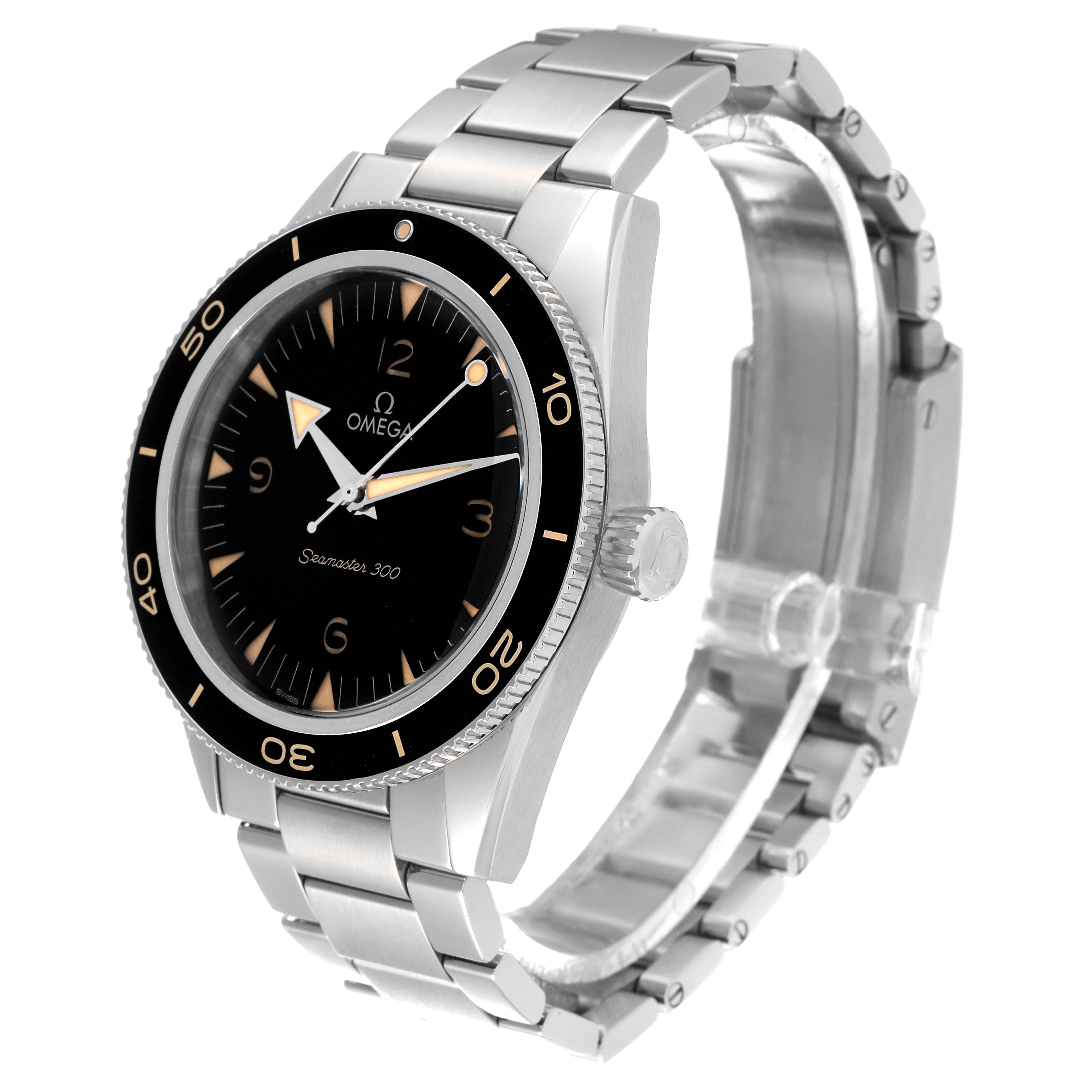 This image shows an Omega Seamaster 234.30.41.21.01.001 Men
s Stainless Steel Black Dial 234.30.41.21.01.001 Men
s Stainless Steel Black Dial watch at a 3/4 angle, highlighting its dial, bezel, case, and bracelet.