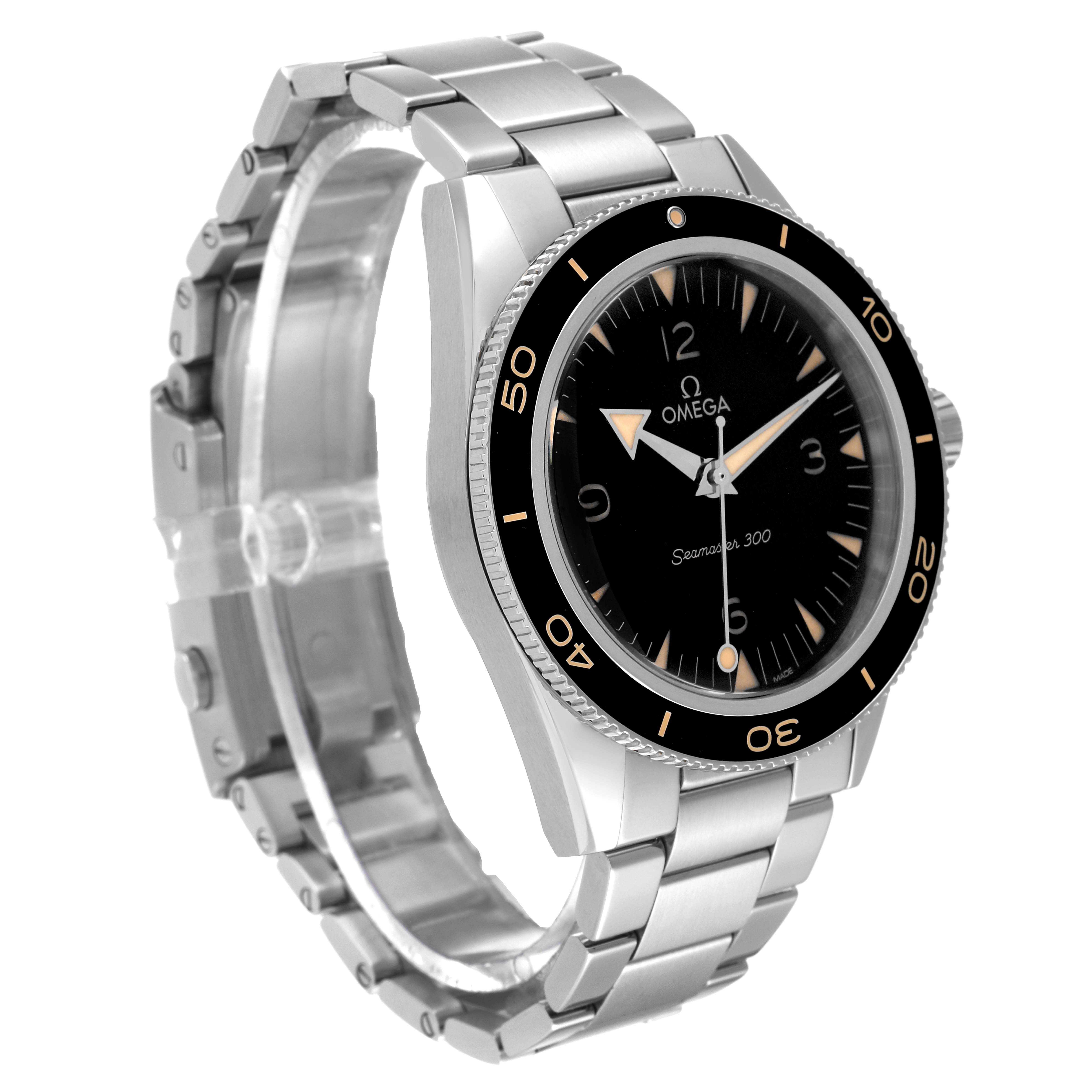 The image shows an angled view of the Omega Seamaster 234.30.41.21.01.001 Men
s Stainless Steel Black Dial 234.30.41.21.01.001 Men
s Stainless Steel Black Dial watch, highlighting the dial, bezel, and stainless steel bracelet.