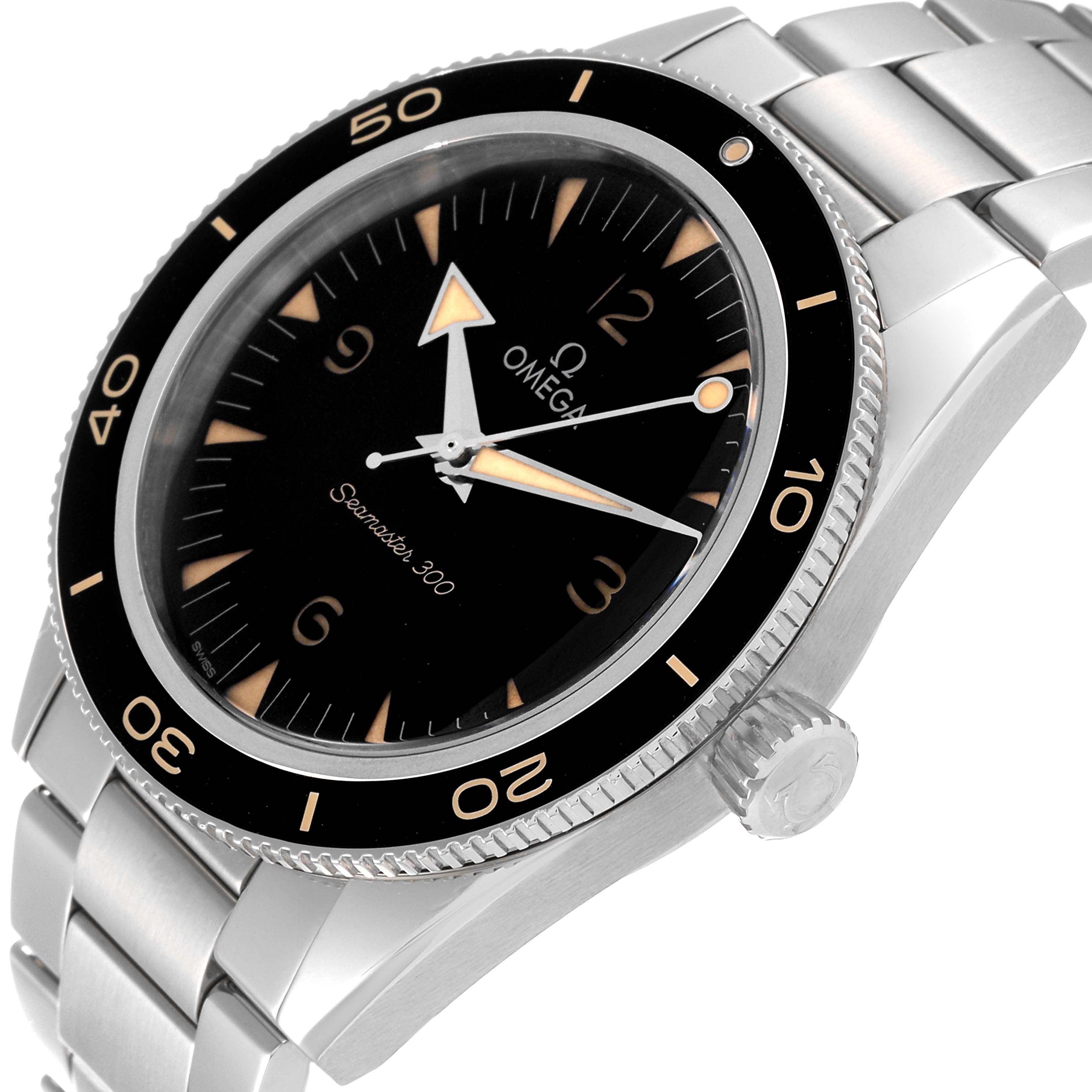 The image shows an angled view of the Omega Seamaster 234.30.41.21.01.001 Men
s Stainless Steel Black Dial 234.30.41.21.01.001 Men
s Stainless Steel Black Dial watch, highlighting the dial, bezel, crown, and part of the bracelet.