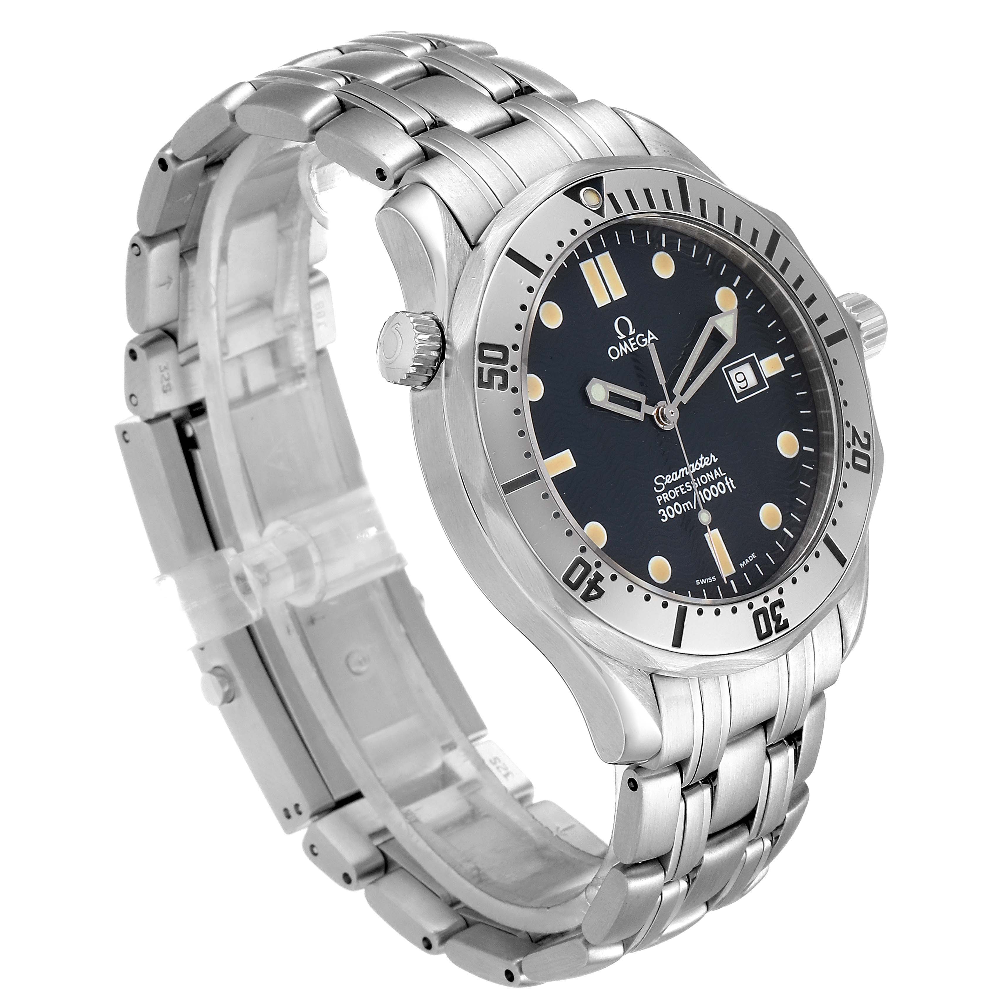 The image shows an Omega Seamaster 2542.80.00 Men
s Stainless Steel Blue Dial 2542.80.00 Men
s Stainless Steel Blue Dial watch from a front-side angle, highlighting the dial, bezel, crown, and stainless-steel bracelet.