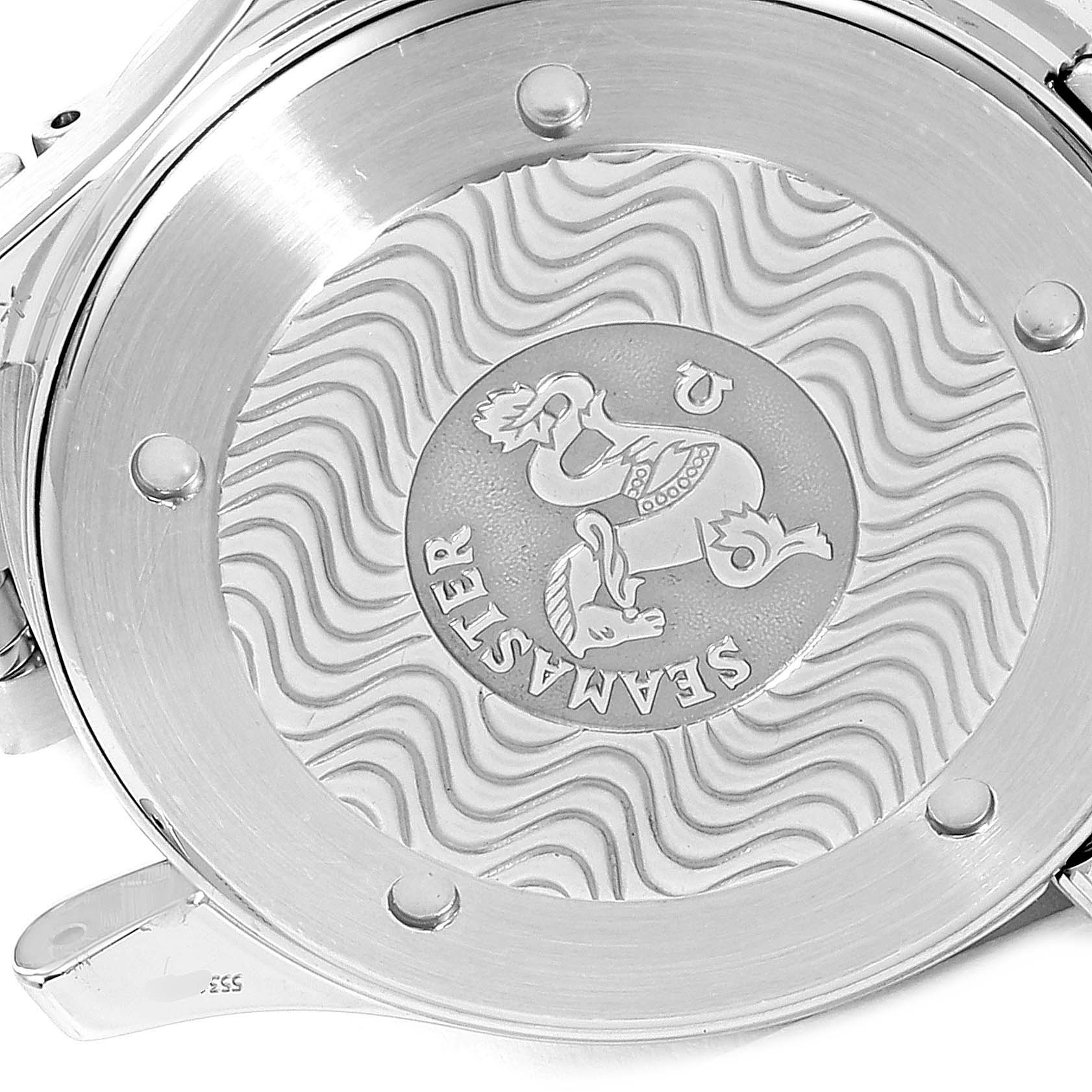 The image shows the engraved case back of an Omega Seamaster 2542.80.00 Men
s Stainless Steel Blue Dial 2542.80.00 Men
s Stainless Steel Blue Dial watch, featuring the distinctive Seamaster logo.