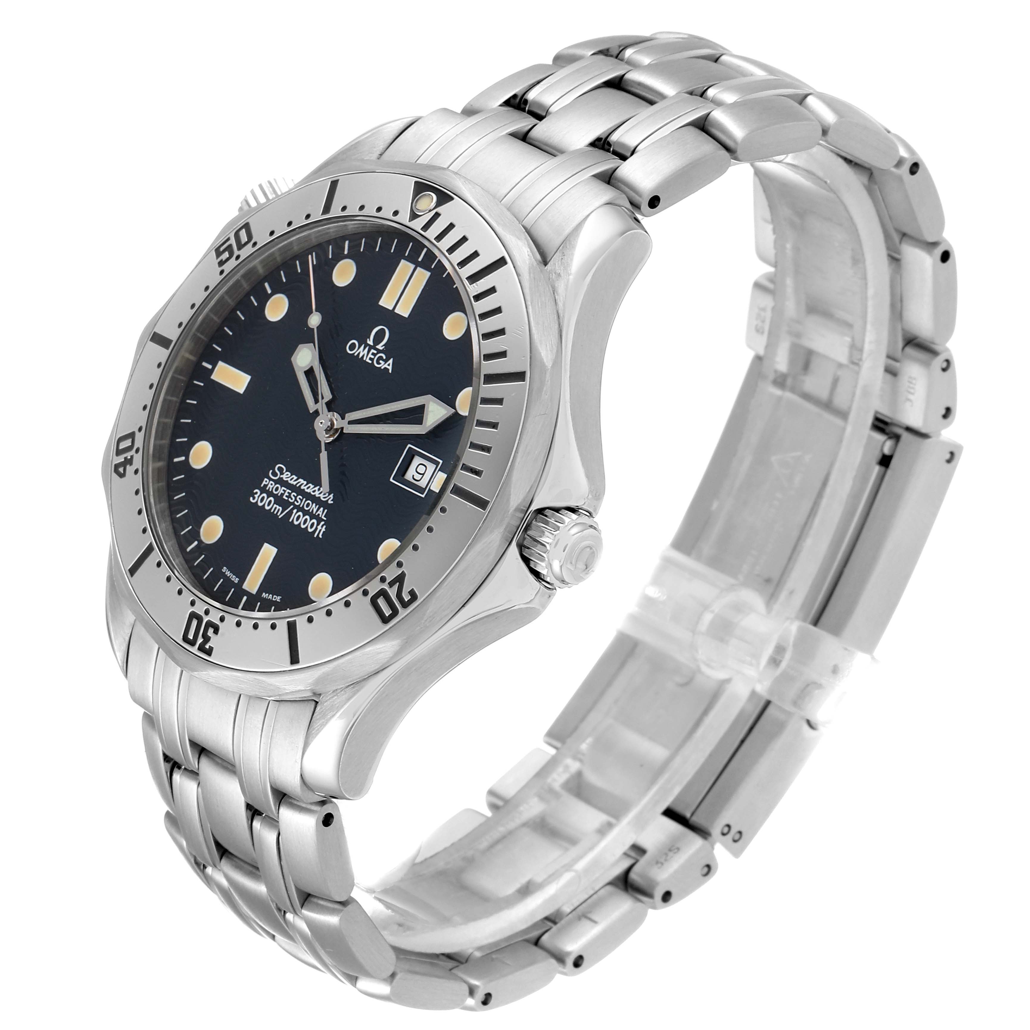The Omega Seamaster 2542.80.00 Men
s Stainless Steel Blue Dial 2542.80.00 Men
s Stainless Steel Blue Dial watch is shown at a three-quarter angle, displaying the dial, bezel, crown, and stainless steel bracelet.