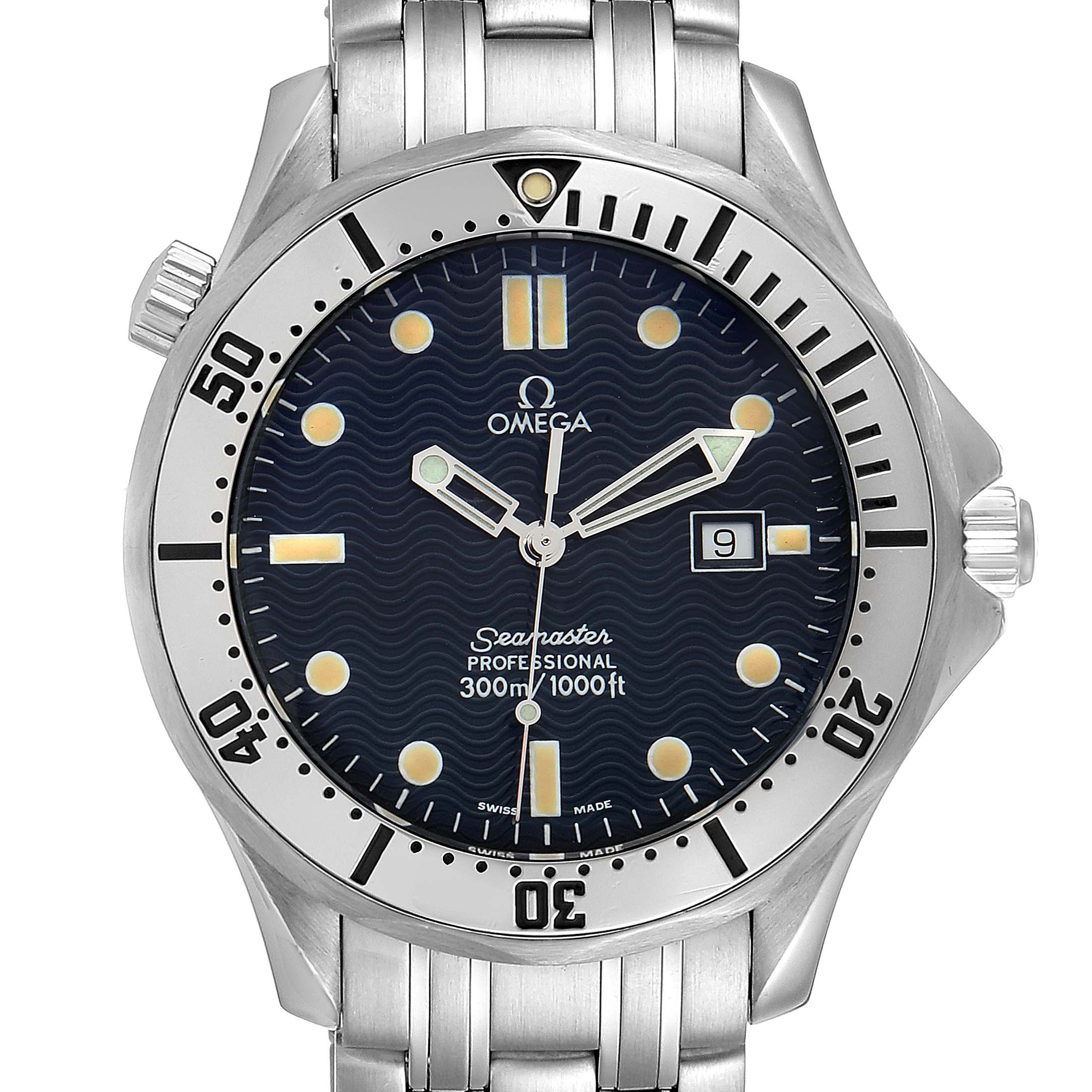 The image shows a front view of the Omega Seamaster 2542.80.00 Men
s Stainless Steel Blue Dial 2542.80.00 Men
s Stainless Steel Blue Dial watch, highlighting the dial, bezel, and bracelet.