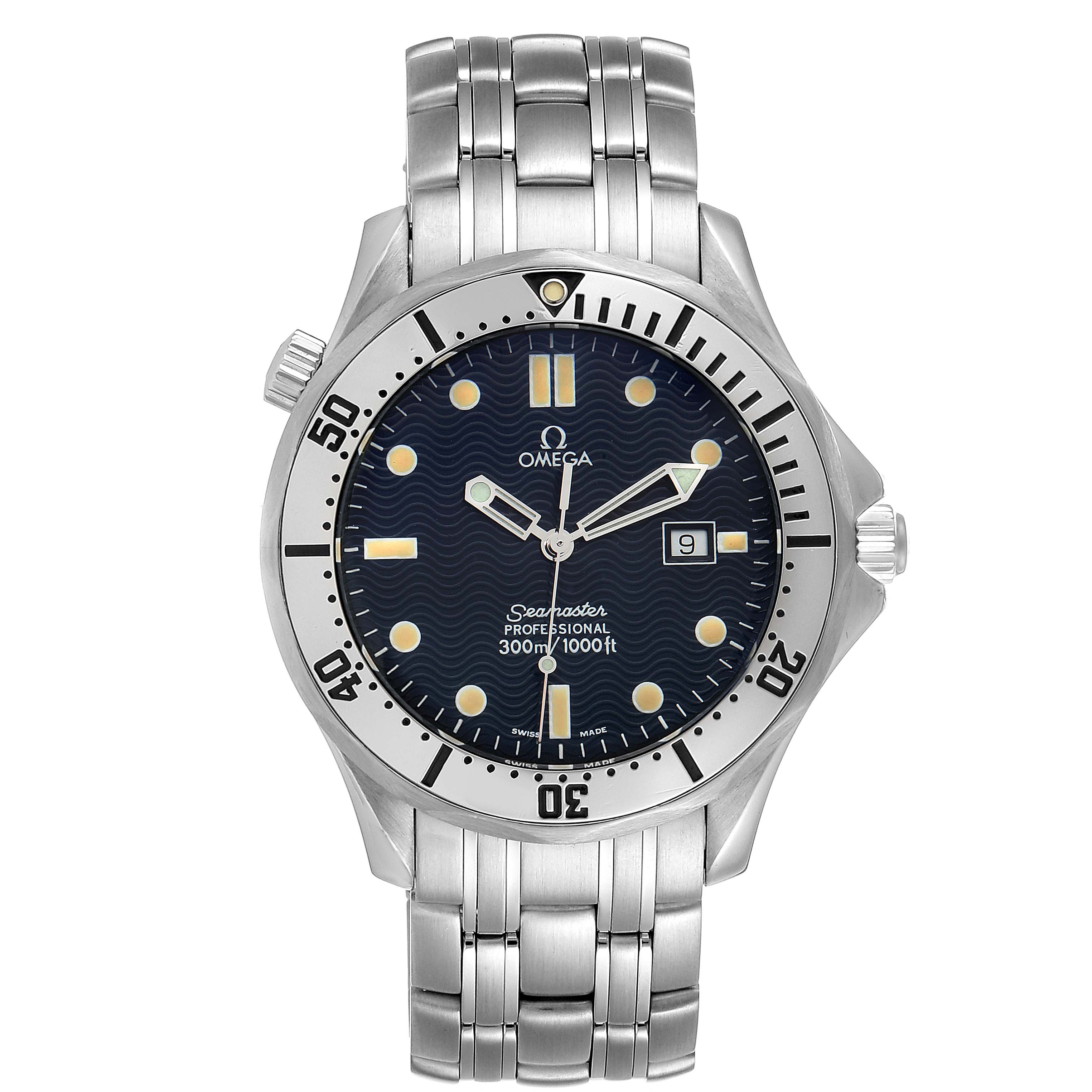 The image shows a frontal view of the Omega Seamaster 2542.80.00 Men
s Stainless Steel Blue Dial 2542.80.00 Men
s Stainless Steel Blue Dial watch, displaying its dial, bezel, hands, and stainless steel bracelet.
