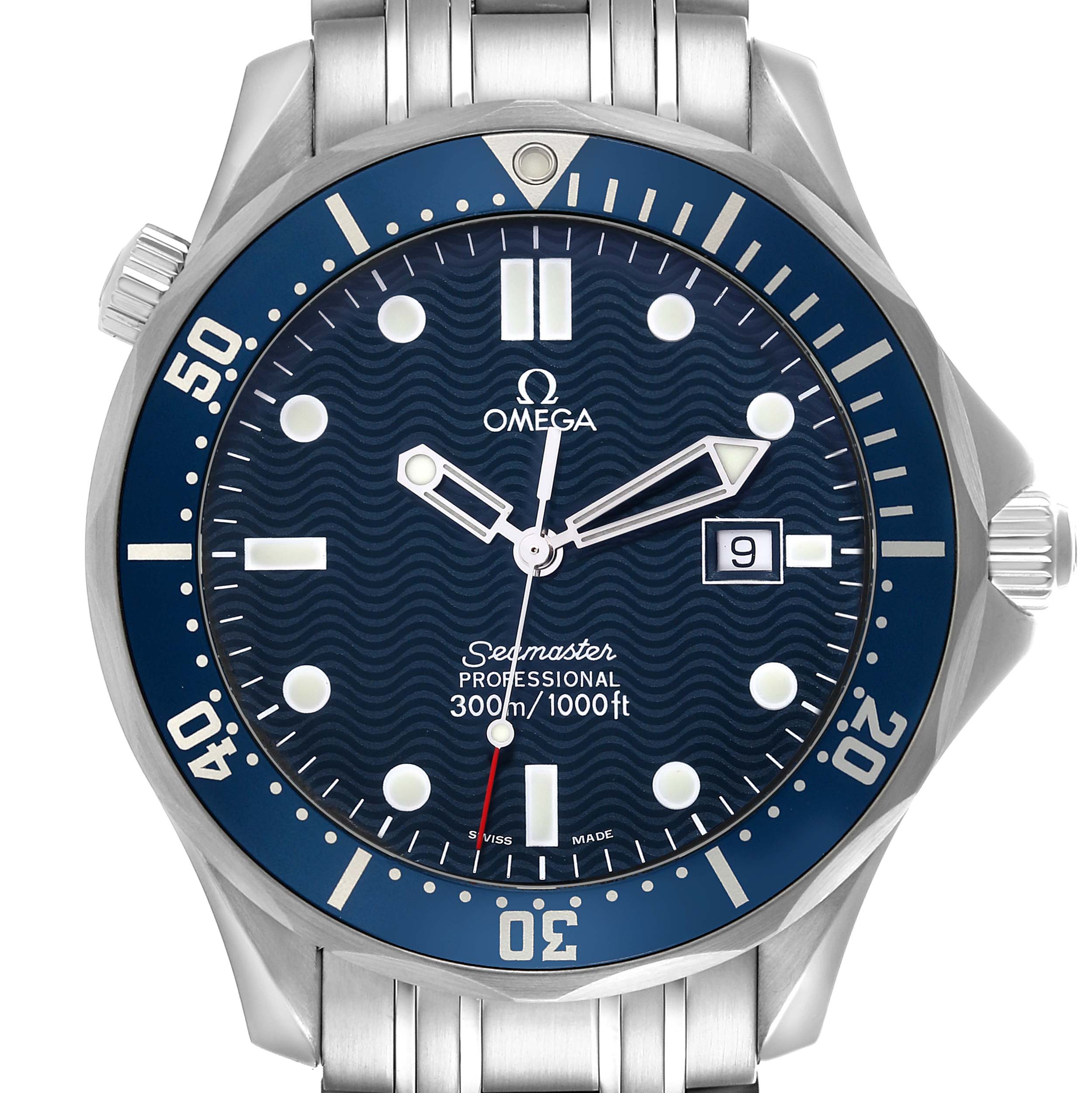 The Omega Seamaster 2541.80.00 Men
s Stainless Steel Blue Dial 2541.80.00 Men
s Stainless Steel Blue Dial watch is shown from the front, highlighting the dial, bezel, and bracelet.