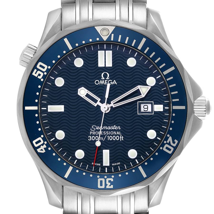 The Omega Seamaster watch is shown from the front, highlighting the dial, bezel, and bracelet.