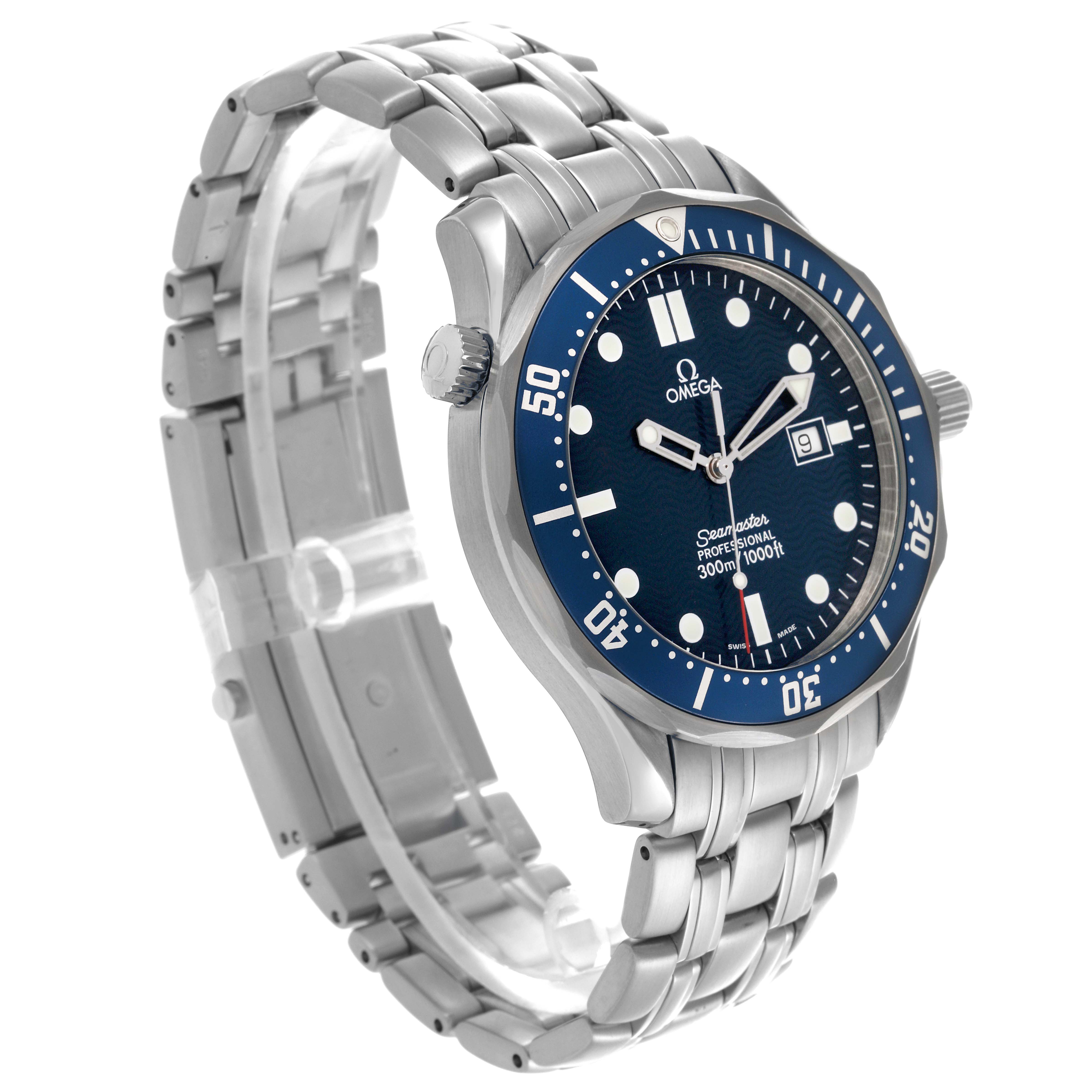 The Omega Seamaster 2541.80.00 Men
s Stainless Steel Blue Dial 2541.80.00 Men
s Stainless Steel Blue Dial watch is shown at a 3/4 angle, highlighting the blue dial, bezel, and metal bracelet.