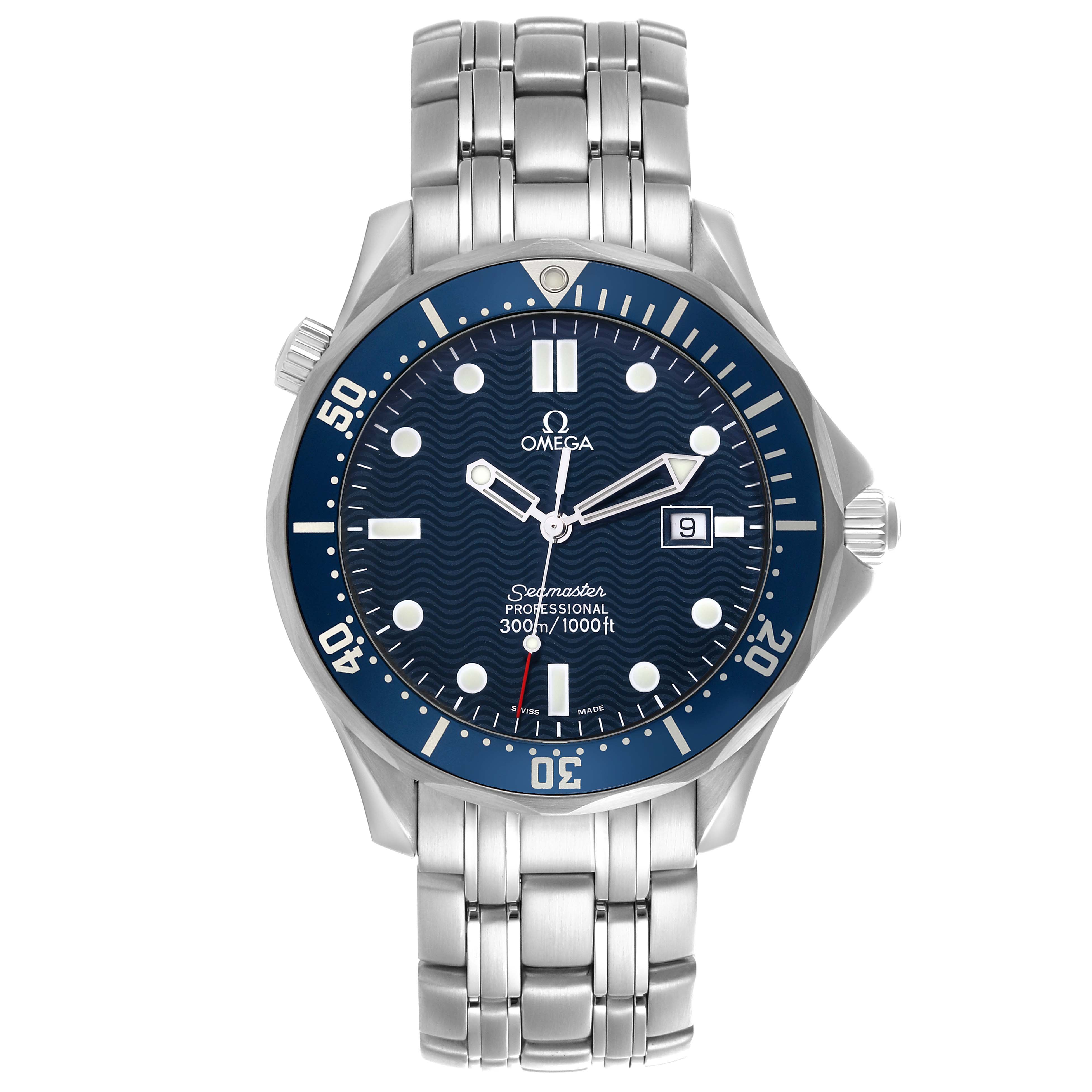 The Omega Seamaster 2541.80.00 Men
s Stainless Steel Blue Dial 2541.80.00 Men
s Stainless Steel Blue Dial model is shown from the front, displaying the face, bezel, and bracelet.