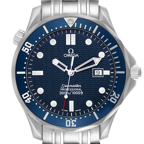 This image shows a front view of an Omega Seamaster watch, highlighting the dial, bezel, hands, and bracelet.