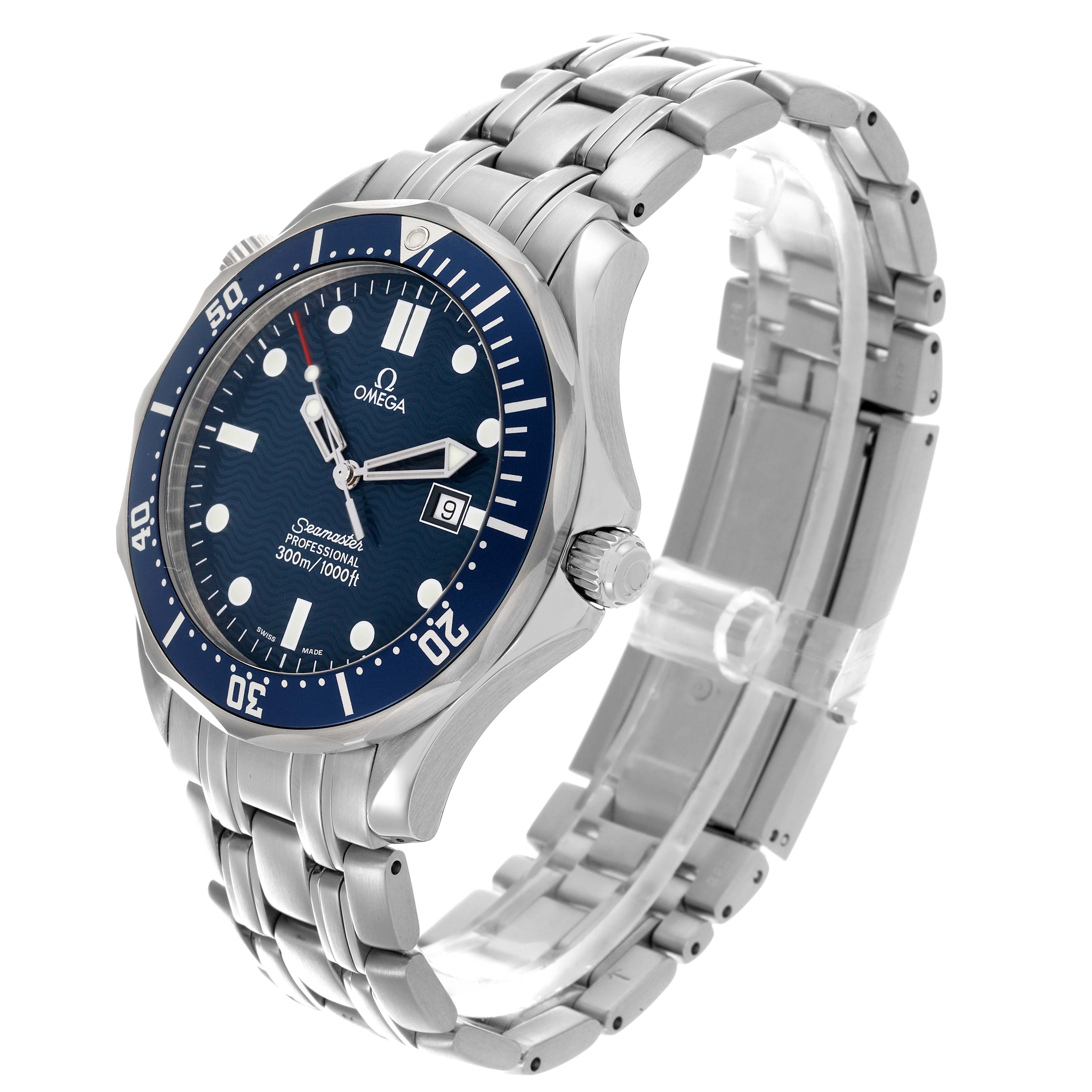The Omega Seamaster 2541.80.00 Men
s Stainless Steel Blue Dial 2541.80.00 Men
s Stainless Steel Blue Dial watch is shown at a side angle, displaying the face, bezel, crown, and stainless steel bracelet.