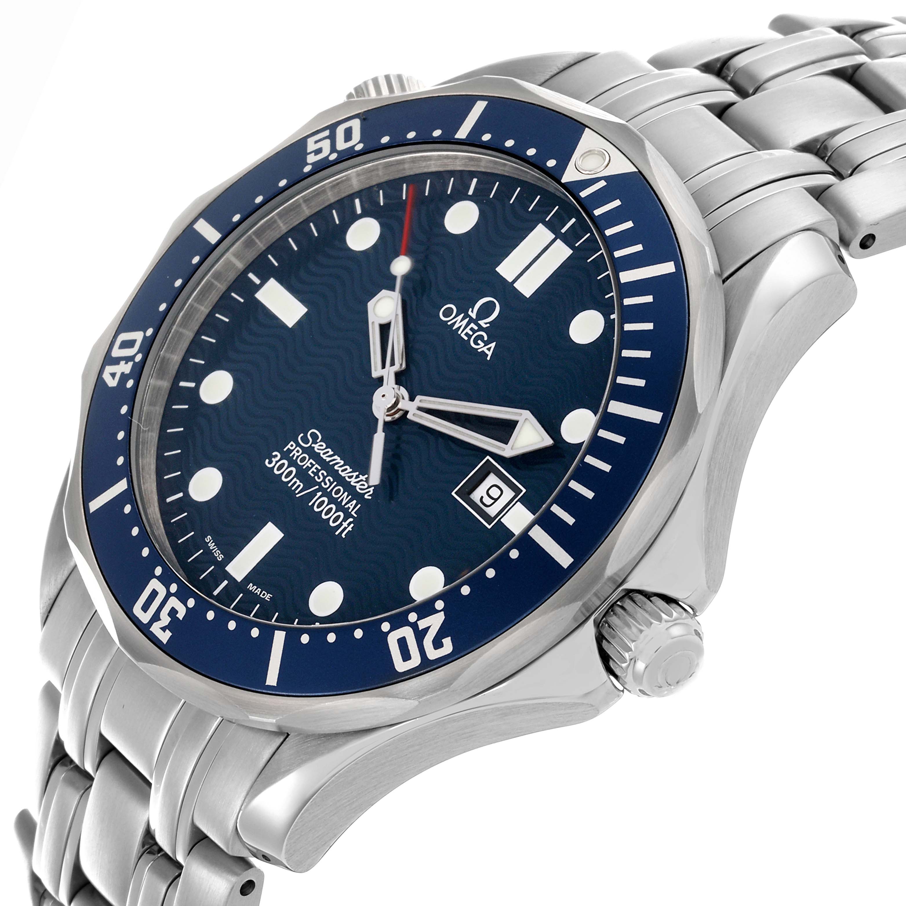 The Omega Seamaster 2541.80.00 Men
s Stainless Steel Blue Dial 2541.80.00 Men
s Stainless Steel Blue Dial watch is shown at a three-quarter angle, highlighting its face, bezel, and bracelet.