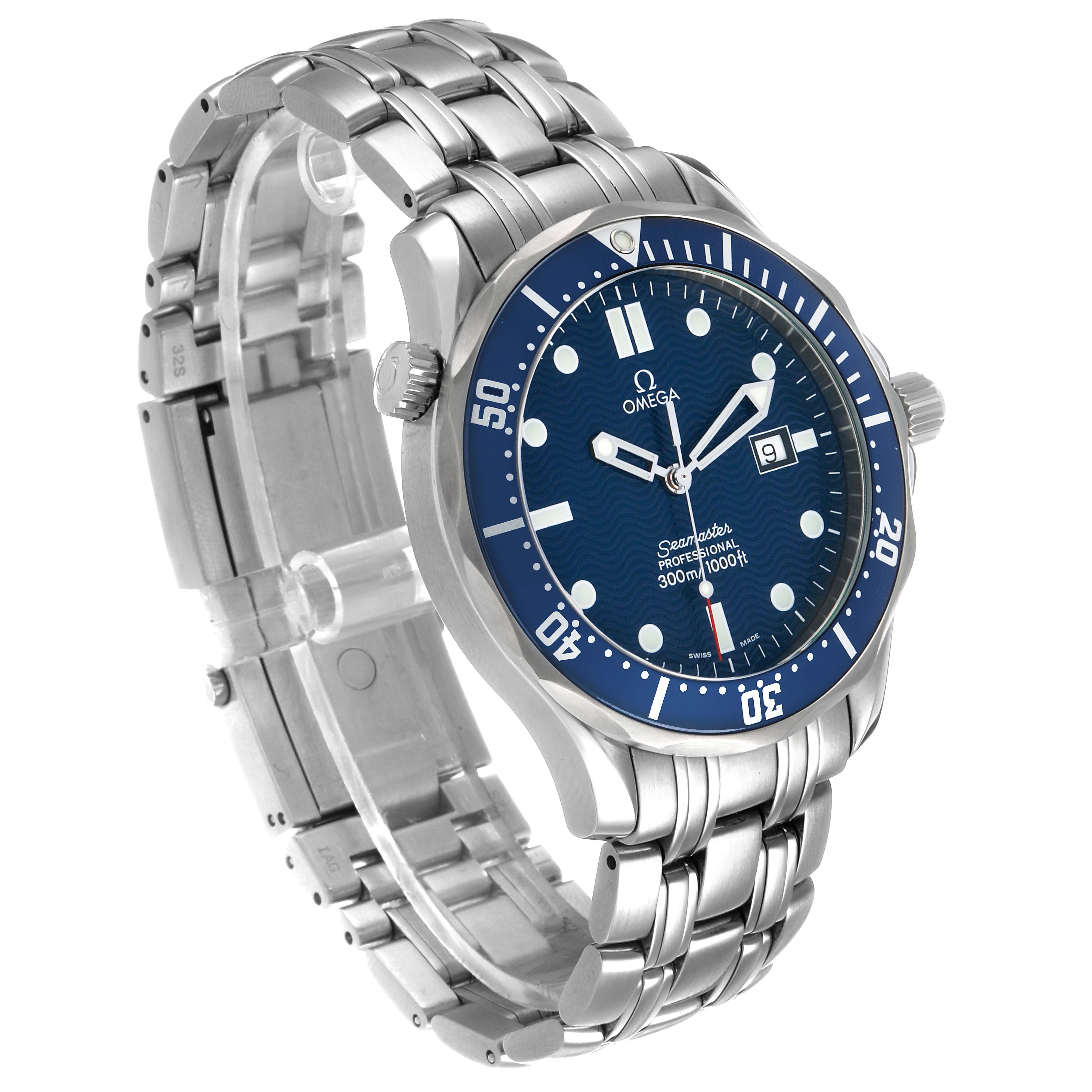The Omega Seamaster 2541.80.00 Men's Stainless Steel Blue Dial watch is shown at a three-quarter angle, highlighting its blue dial, bezel, and stainless steel bracelet.