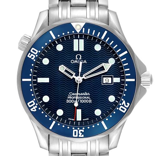 The Omega Seamaster 2541.80.00 Men's Stainless Steel Blue Dial watch is shown from a frontal angle, highlighting its dial, bezel, and bracelet.