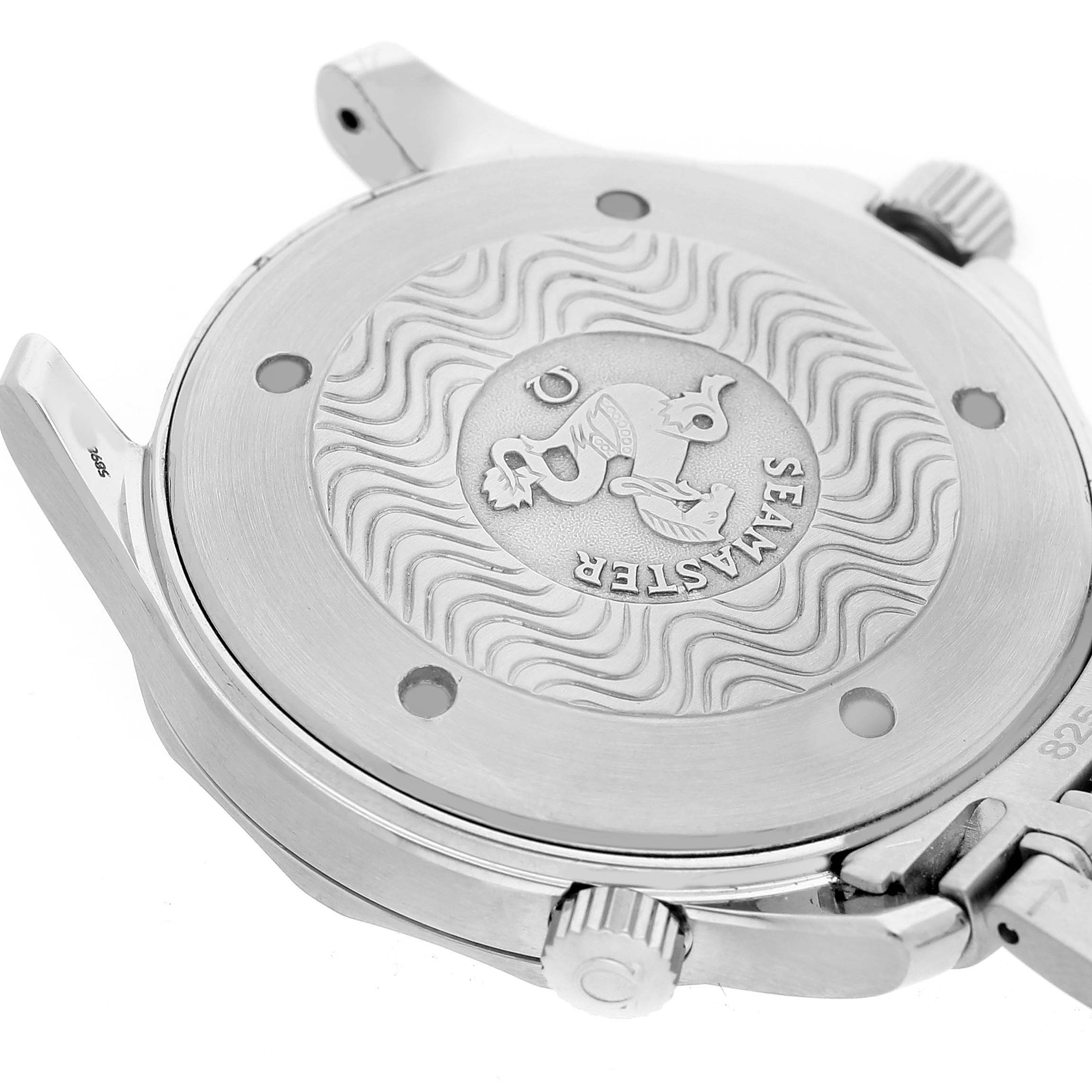 The image shows the back case and crown of an Omega Seamaster 2541.80.00 Men's Stainless Steel Blue Dial watch, highlighting the engraved logo and details.